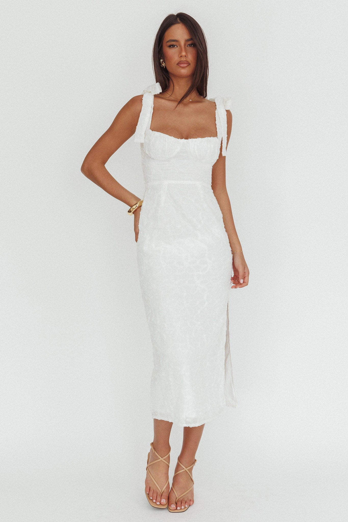Cupid Tied Shoulder Embellished Midi Dress White-Fable Dress