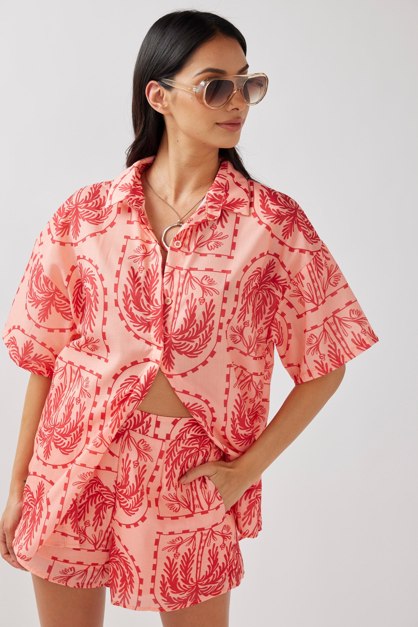 Cora Button-Up Shirt Print Red Salmon-Fable Dress
