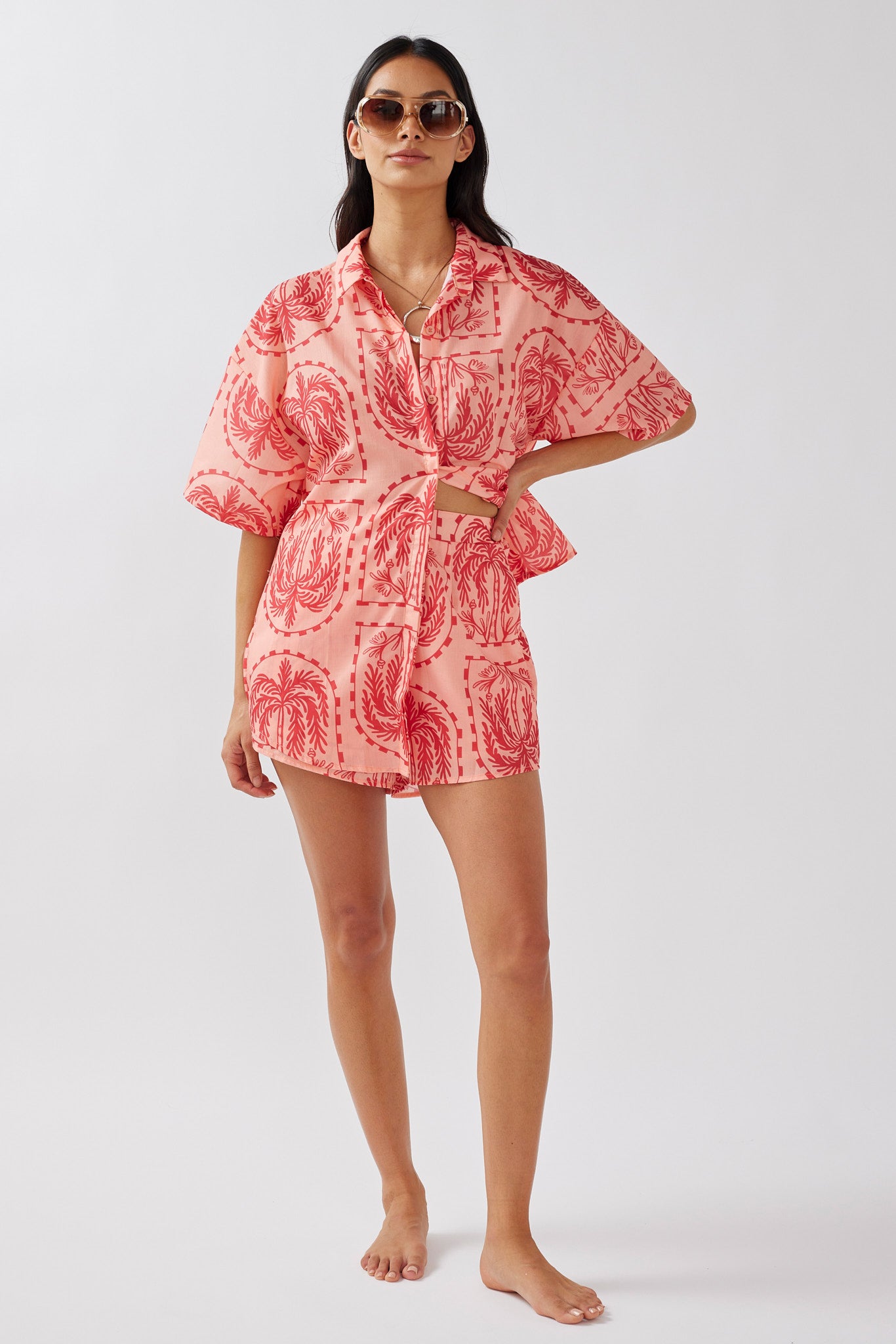 Cora Button-Up Shirt Print Red Salmon-Fable Dress