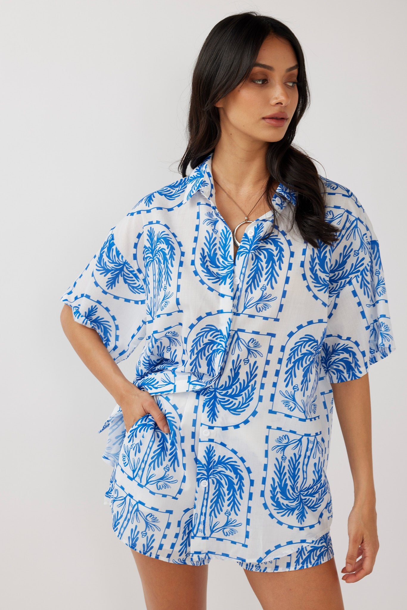 Cora Button-Up Shirt Print Blue White-Fable Dress