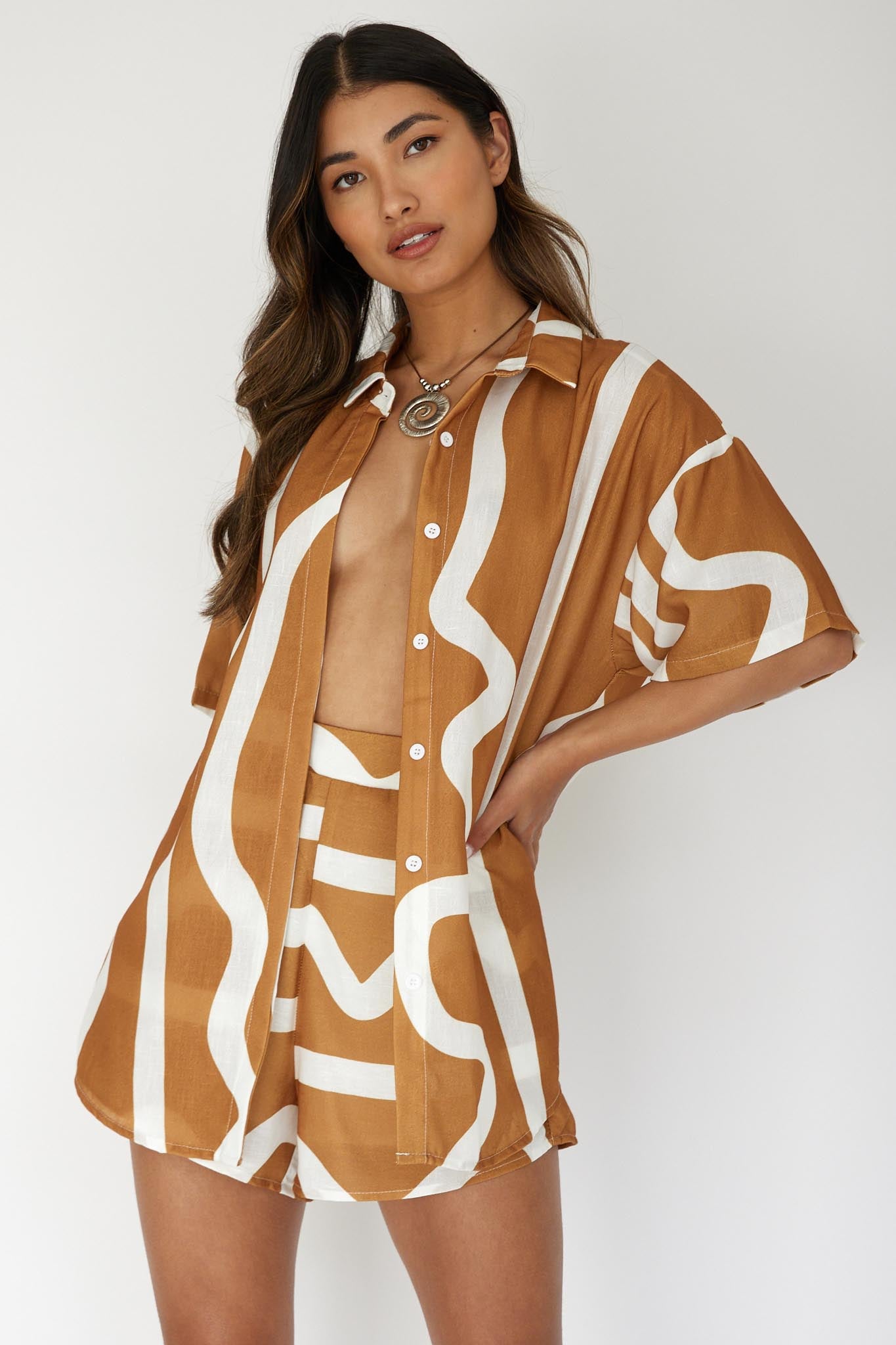Cora Button-Up Shirt Print Tan-Fable Dress