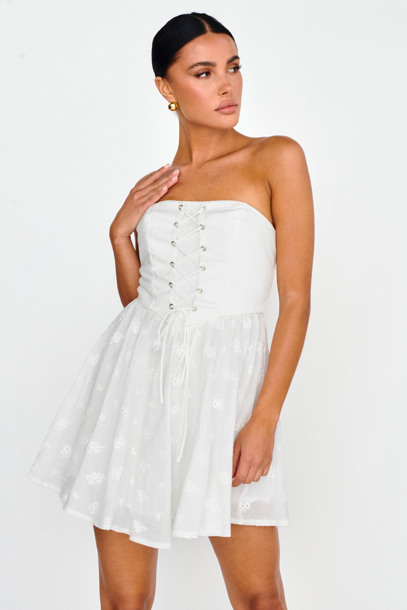 Mon Petit Lace-Up Bodice Mini Dress White-Fable Dress