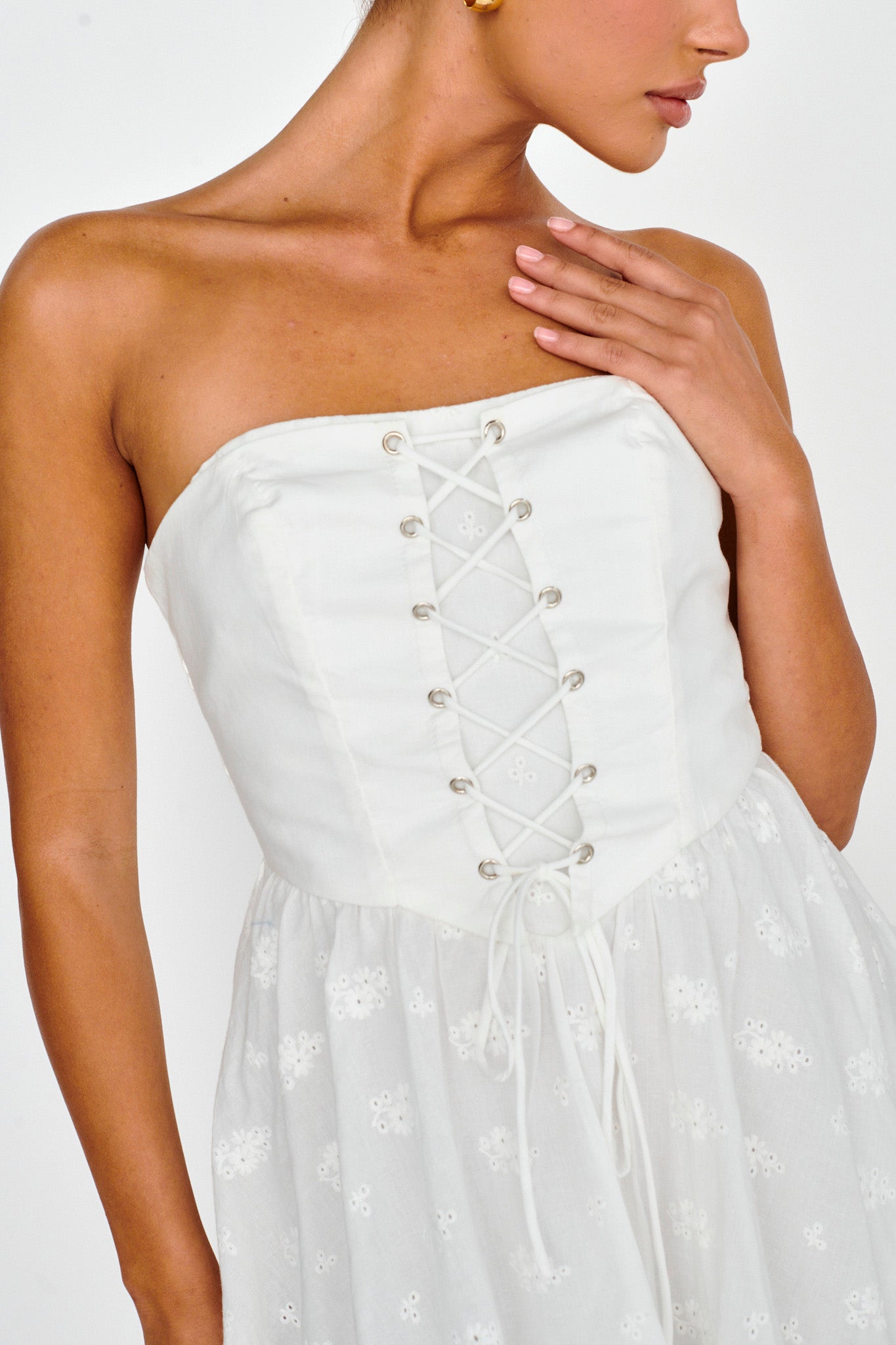 Mon Petit Lace-Up Bodice Mini Dress White-Fable Dress