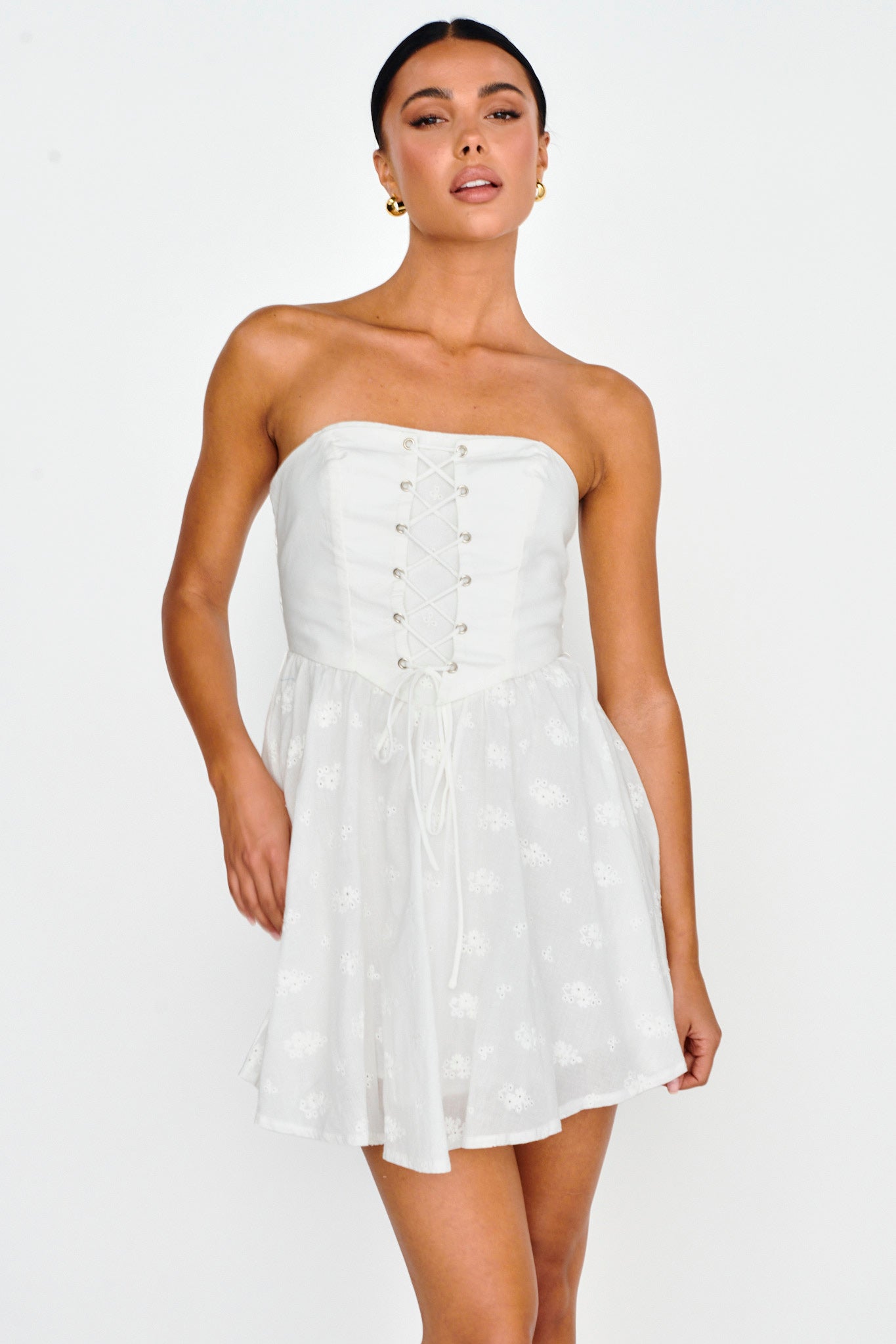 Mon Petit Lace-Up Bodice Mini Dress White-Fable Dress