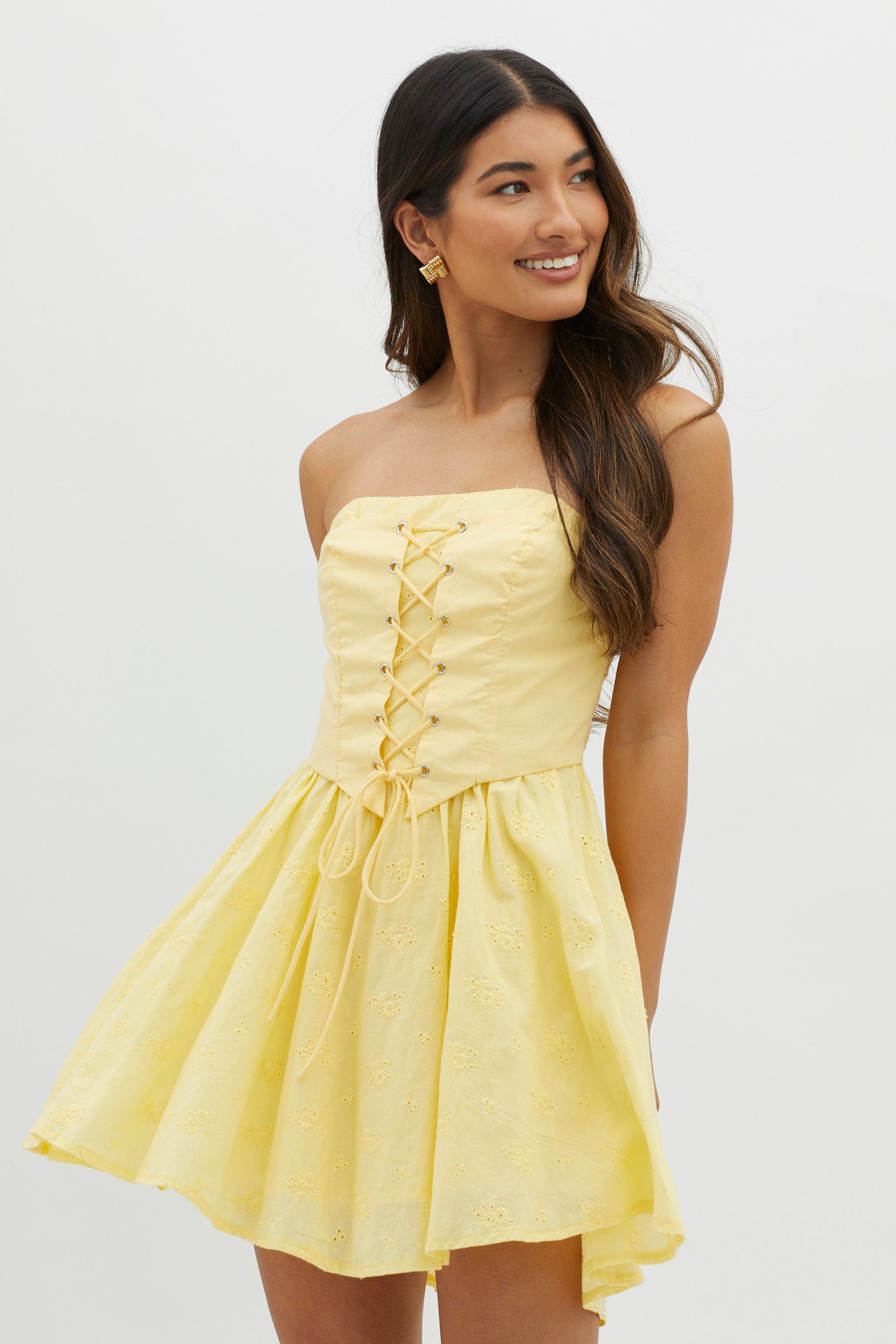 Mon Petit Lace-Up Bodice Mini Dress Yellow-Fable Dress
