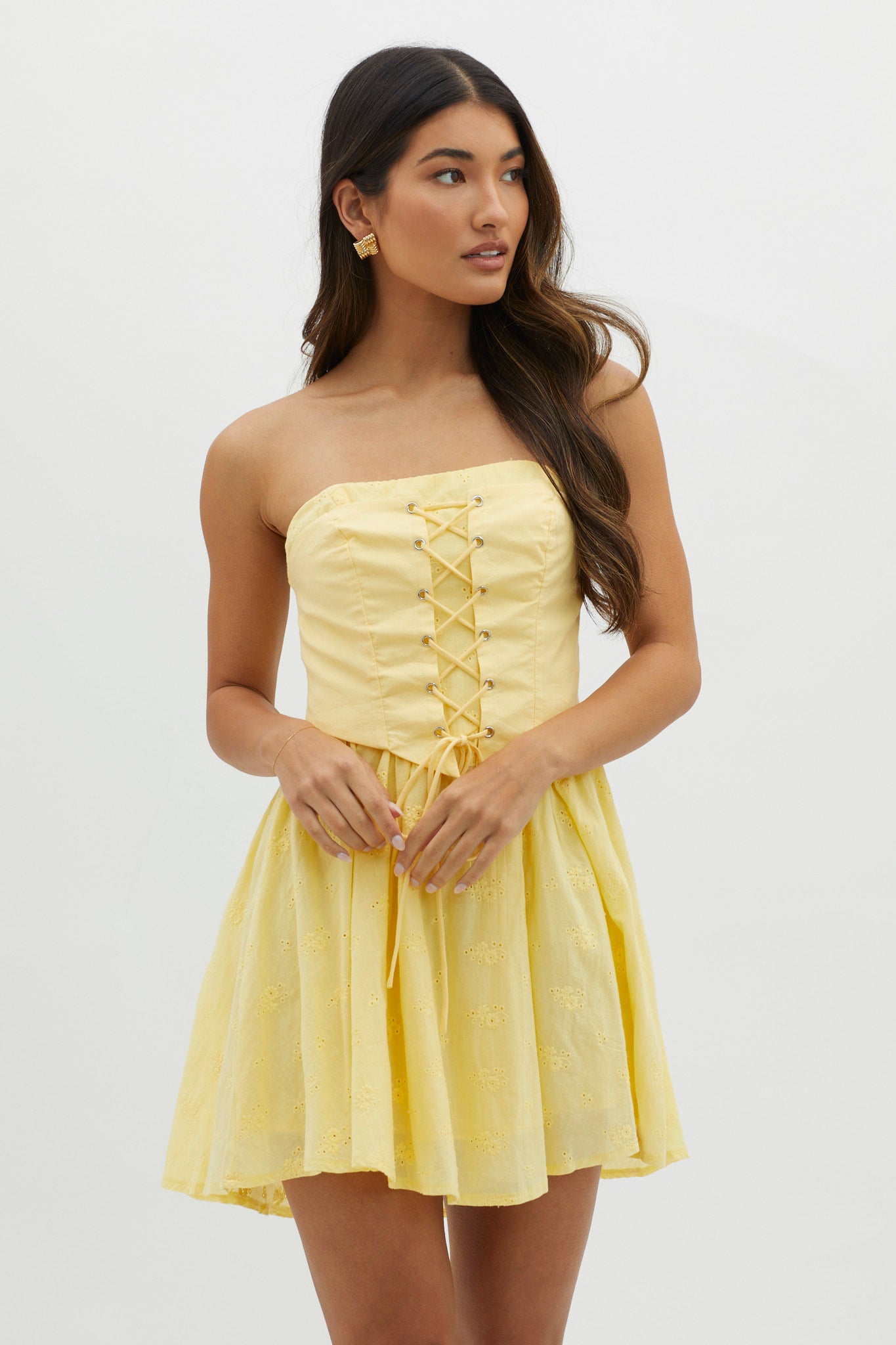 Mon Petit Lace-Up Bodice Mini Dress Yellow-Fable Dress