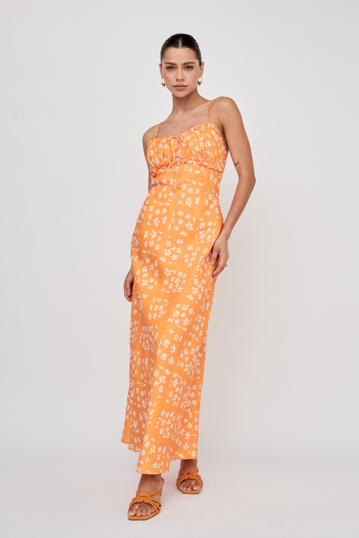 Anja Frill Trim Maxi Dress Print Orange White-Fable Dress