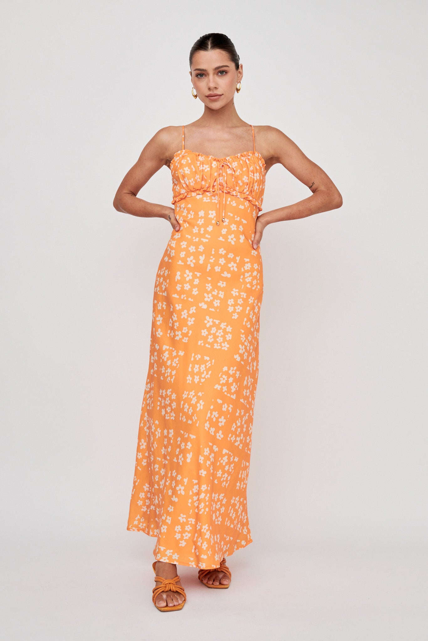 Anja Frill Trim Maxi Dress Print Orange White-Fable Dress