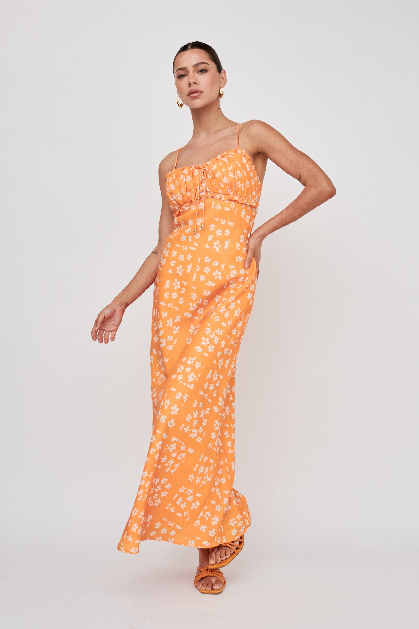 Anja Frill Trim Maxi Dress Print Orange White-Fable Dress