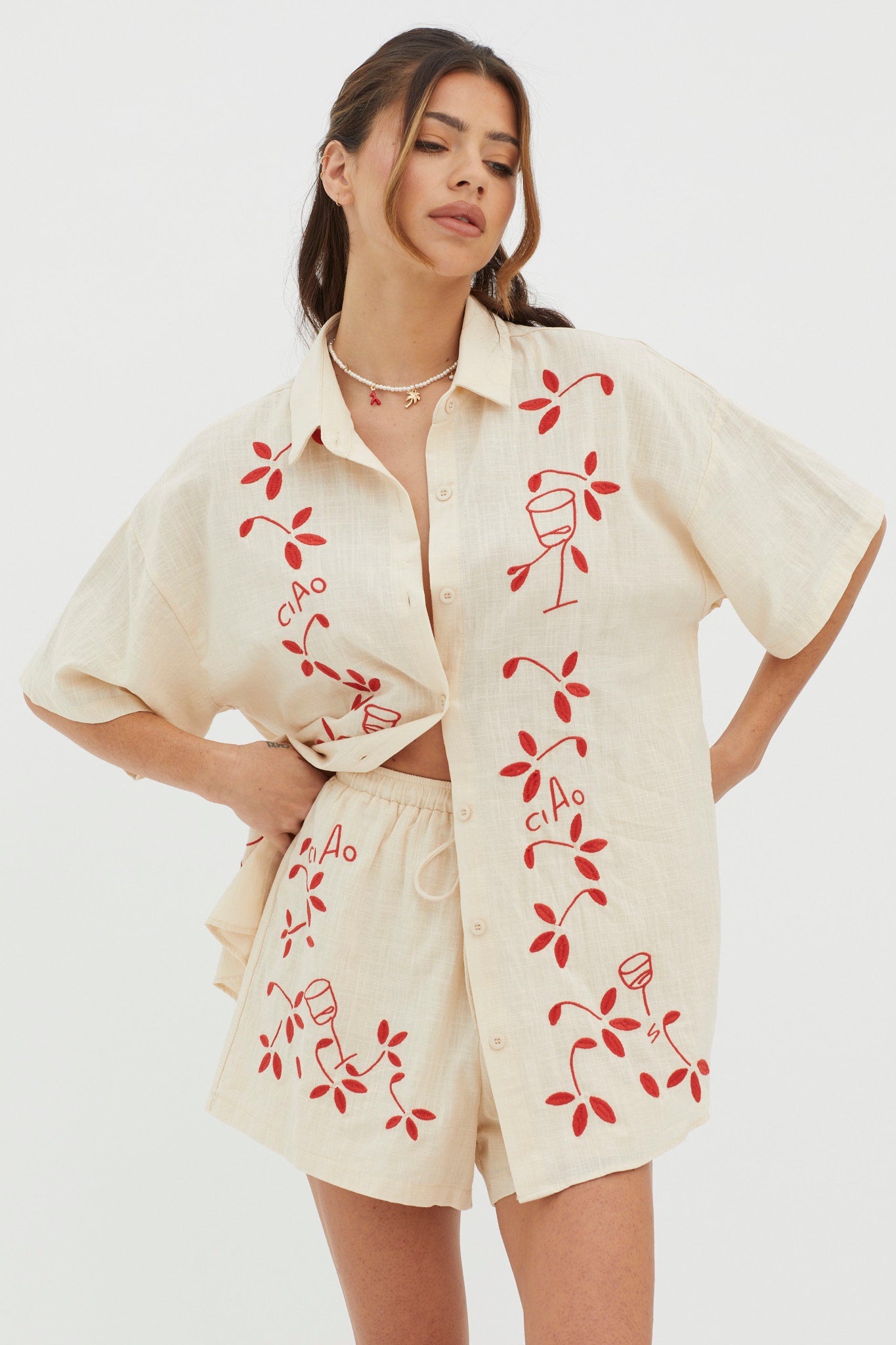 Ciao Ciao Embroidered Drawstring Shorts Oat-Fable Dress