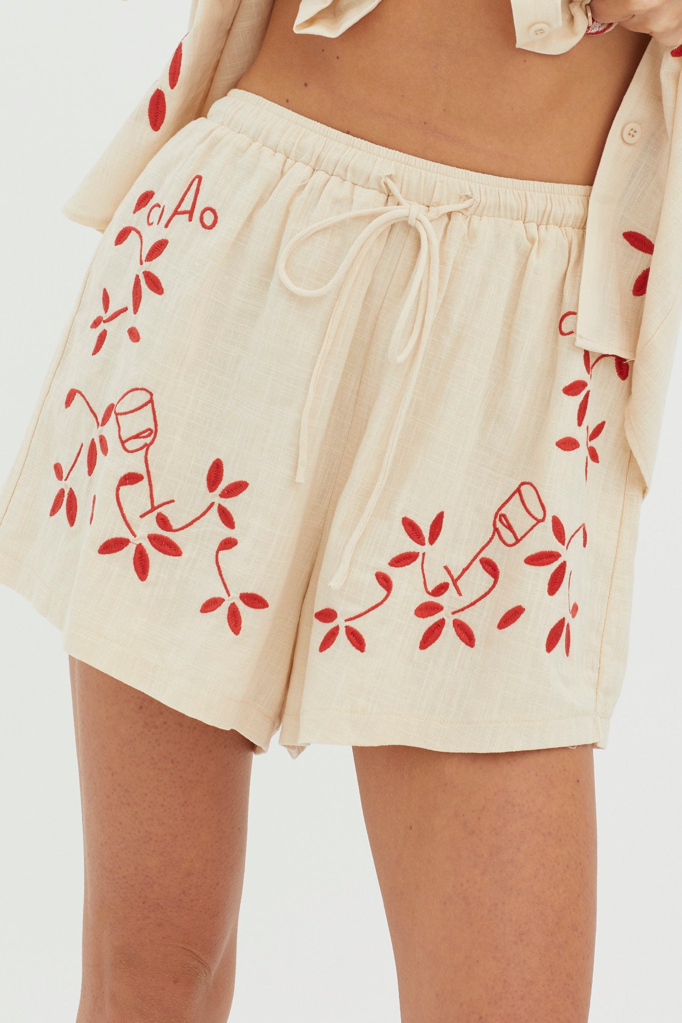 Ciao Ciao Embroidered Drawstring Shorts Oat-Fable Dress