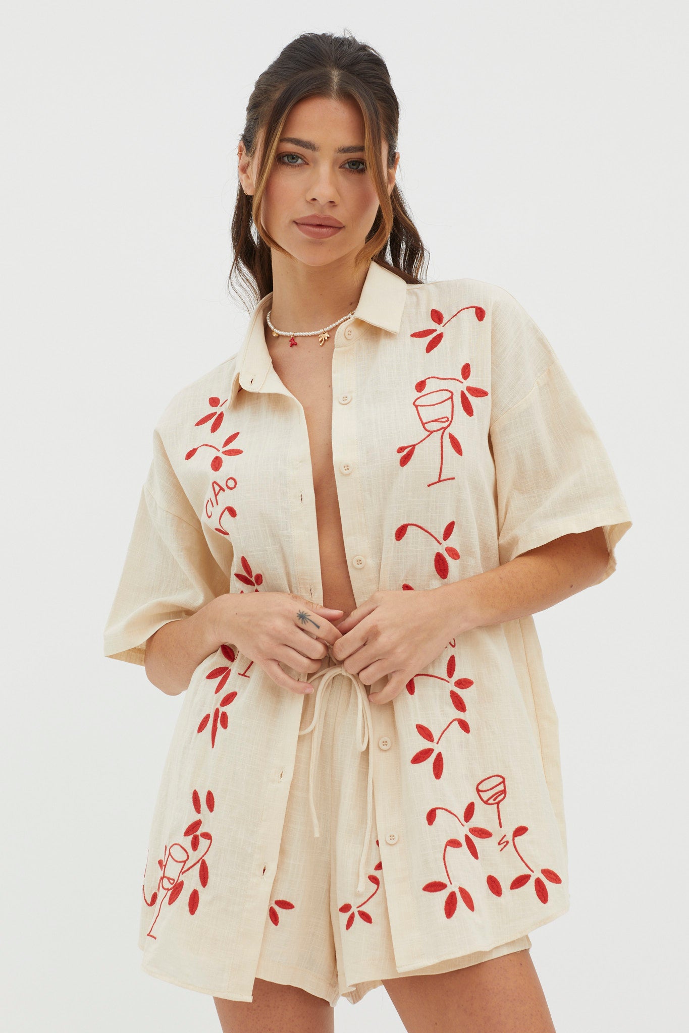 Ciao Ciao Embroidered Button-Up Shirt Oat-Fable Dress