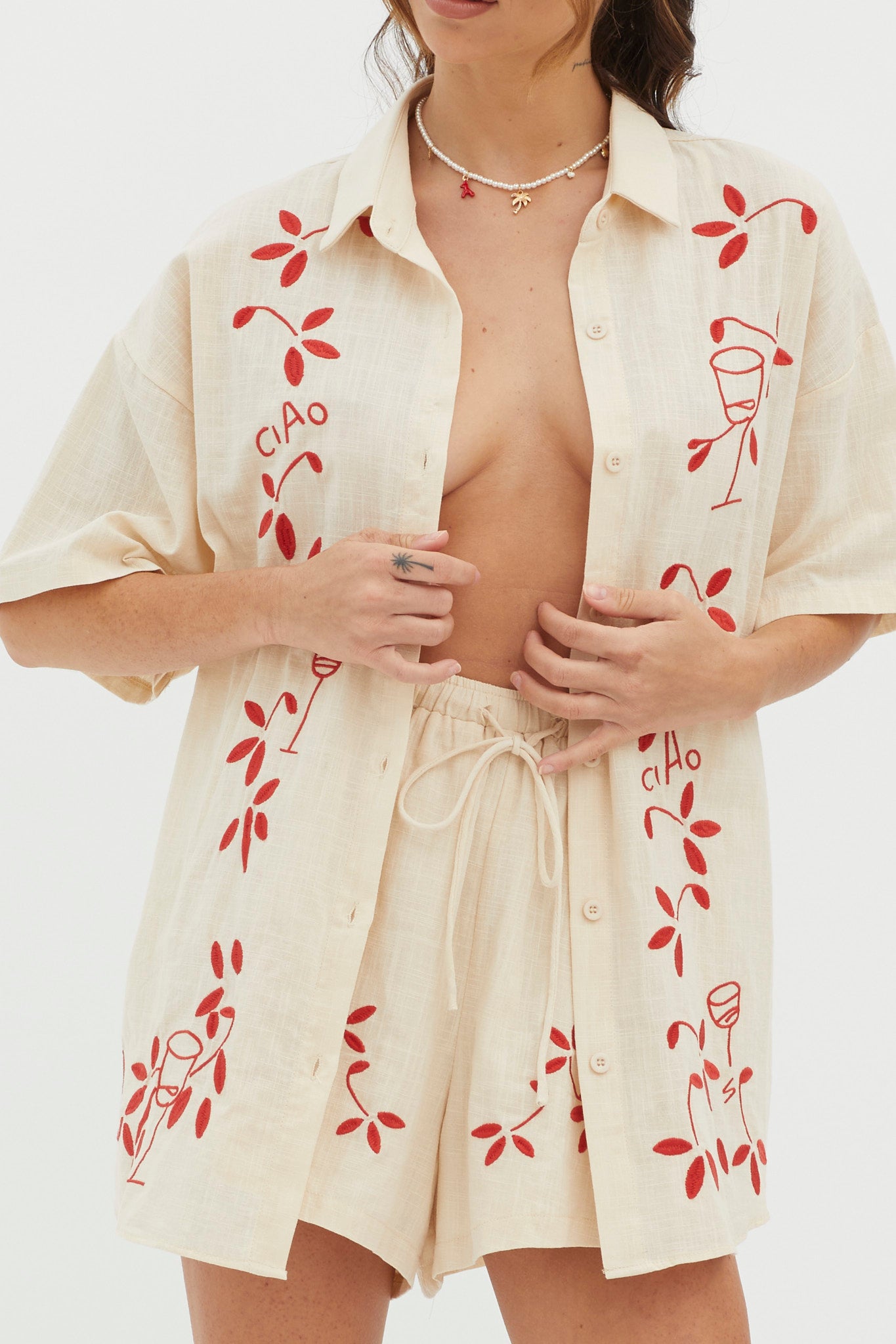 Ciao Ciao Embroidered Button-Up Shirt Oat-Fable Dress