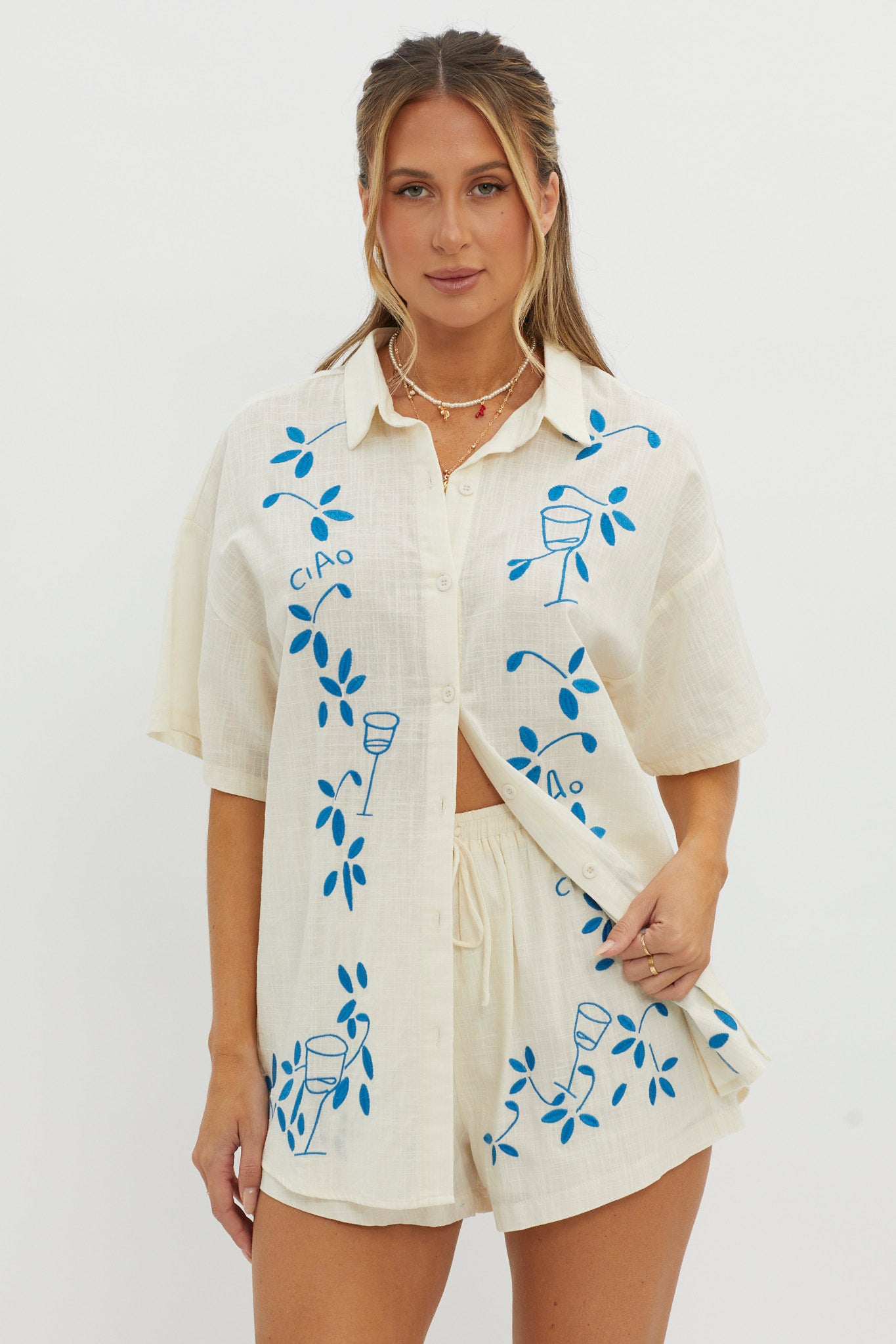 Ciao Ciao Embroidered Button-Up Shirt Beige-Fable Dress