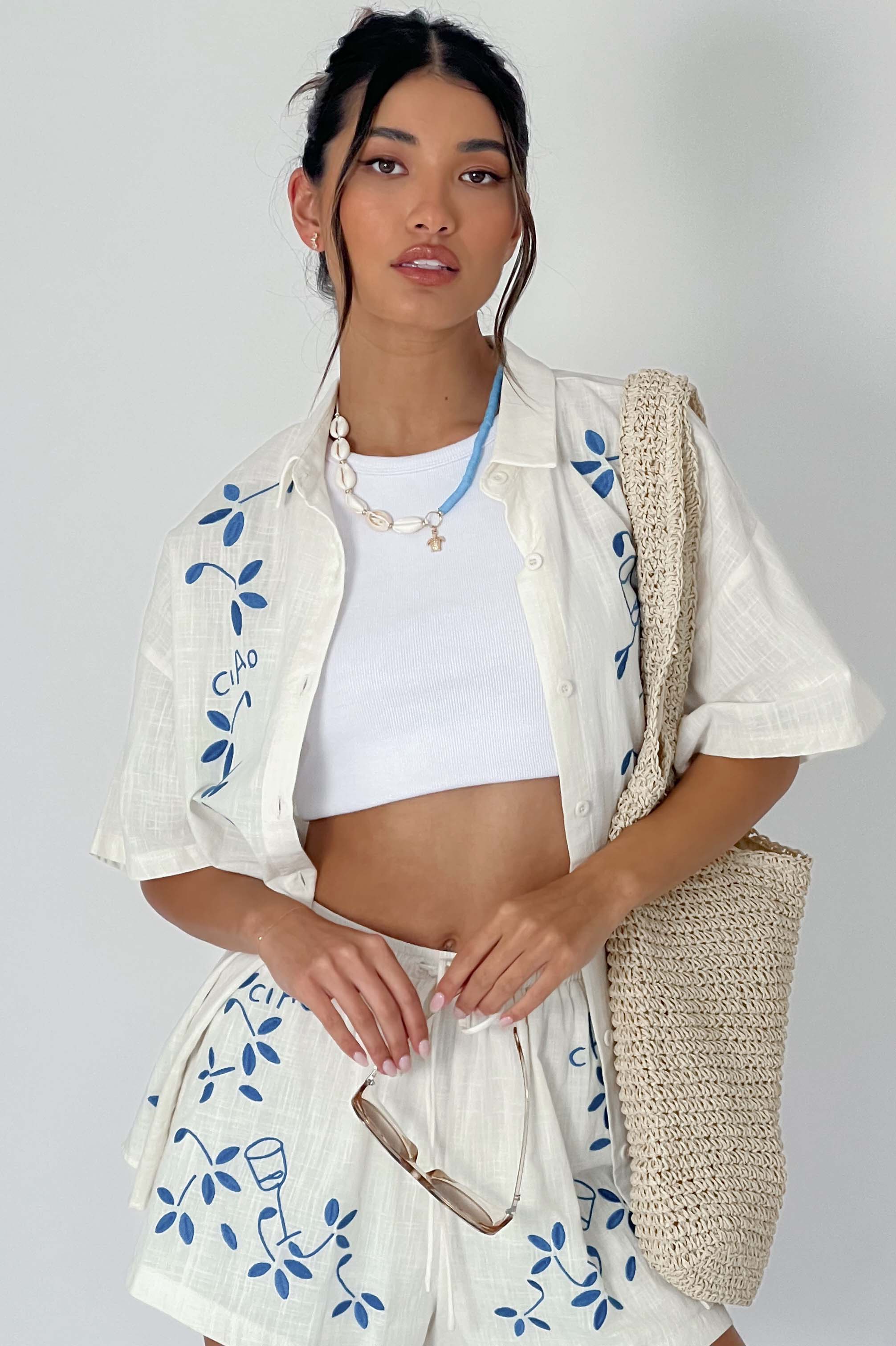 Ciao Ciao Embroidered Button-Up Shirt Beige-Fable Dress