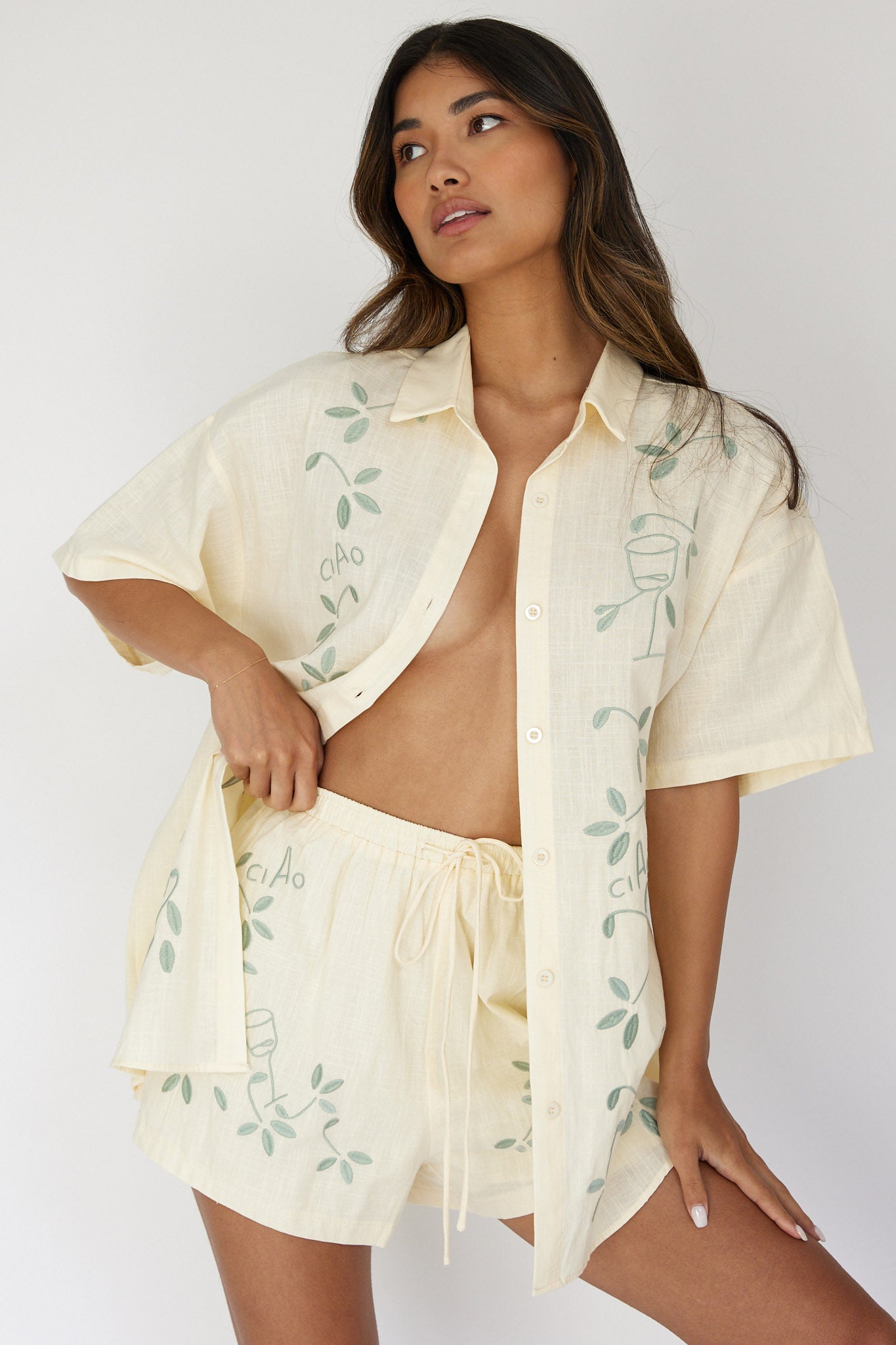 Ciao Ciao Embroidered Drawstring Shorts Butter-Fable Dress