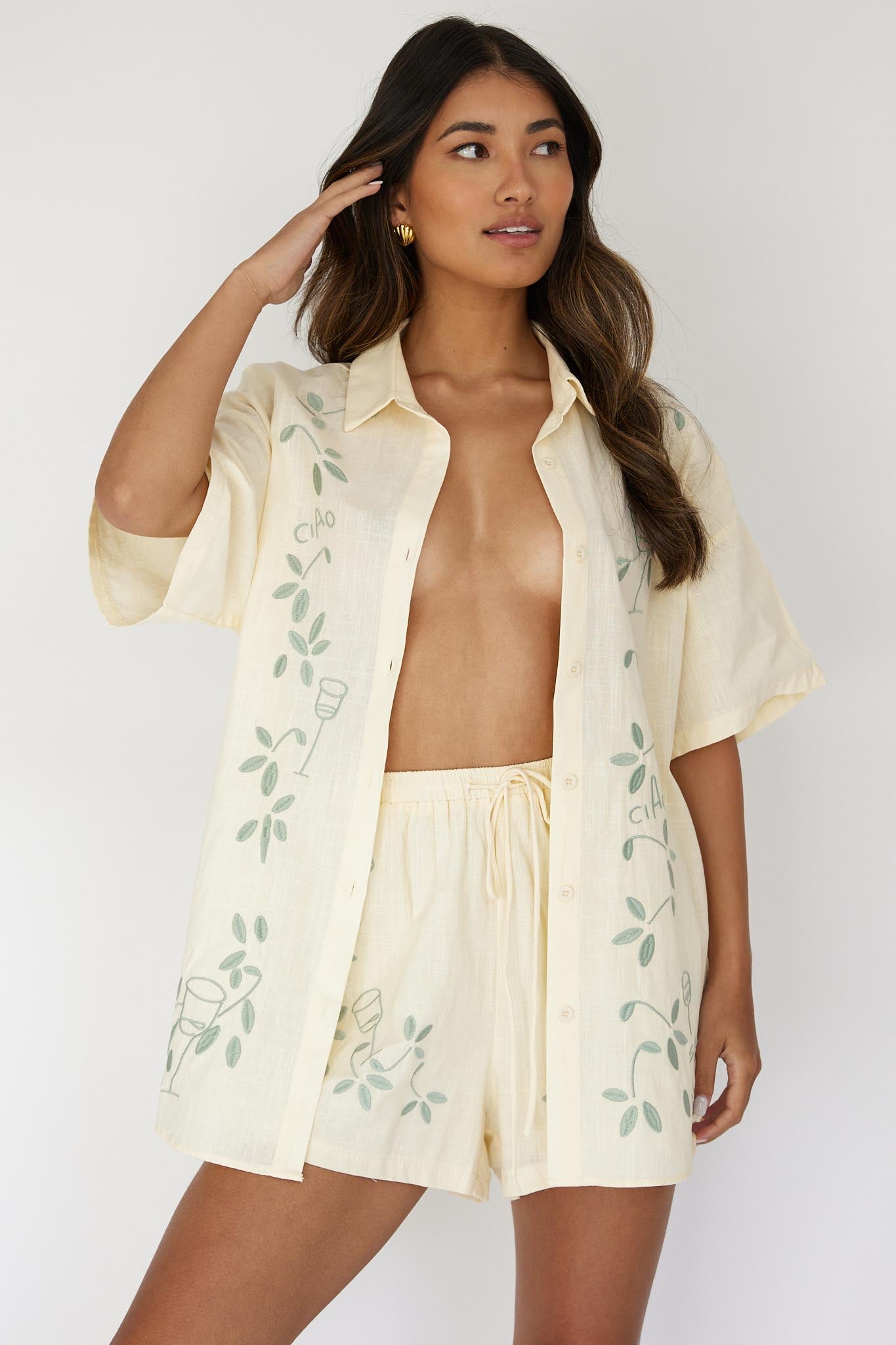 Ciao Ciao Embroidered Button-Up Shirt Butter-Fable Dress