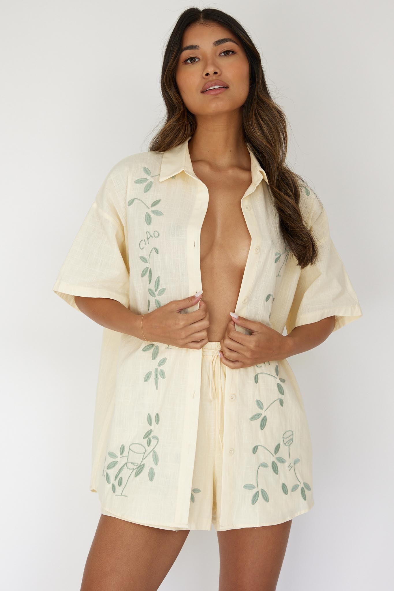 Ciao Ciao Embroidered Button-Up Shirt Butter-Fable Dress