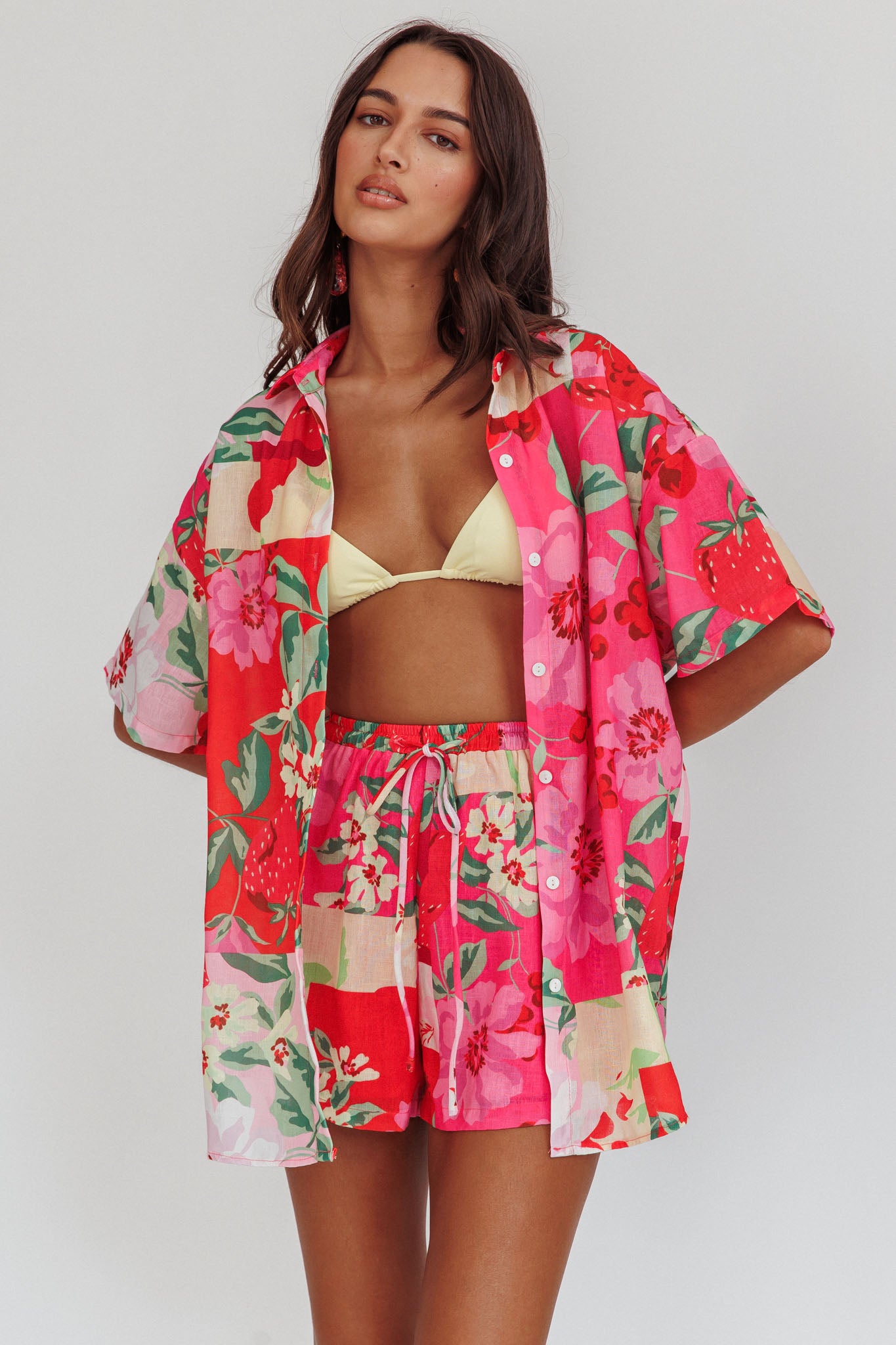 Ciao Ciao Floral Short Sleeve Buttoned Shirt Pink-Fable Dress