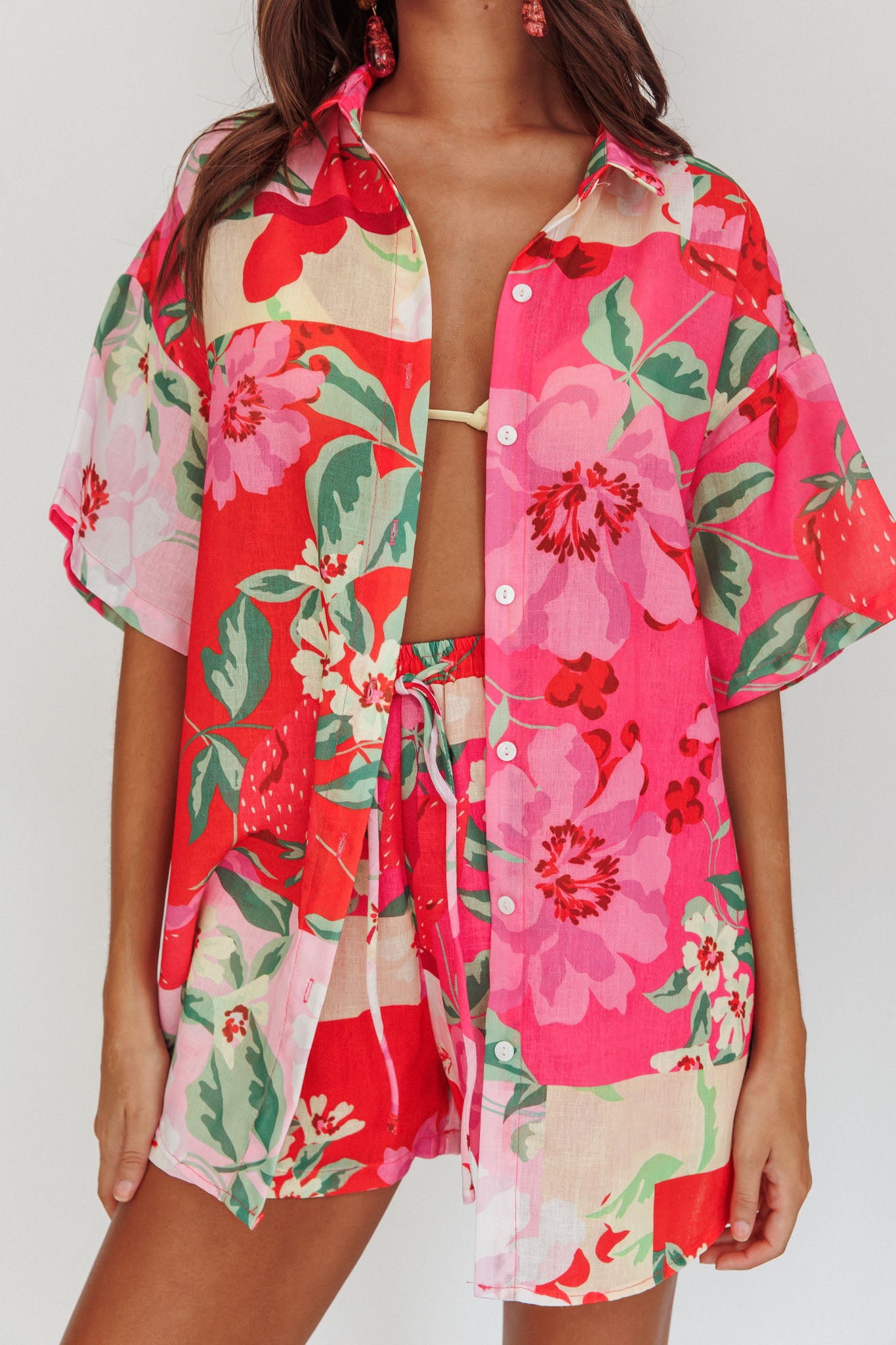 Ciao Ciao Floral Short Sleeve Buttoned Shirt Pink-Fable Dress