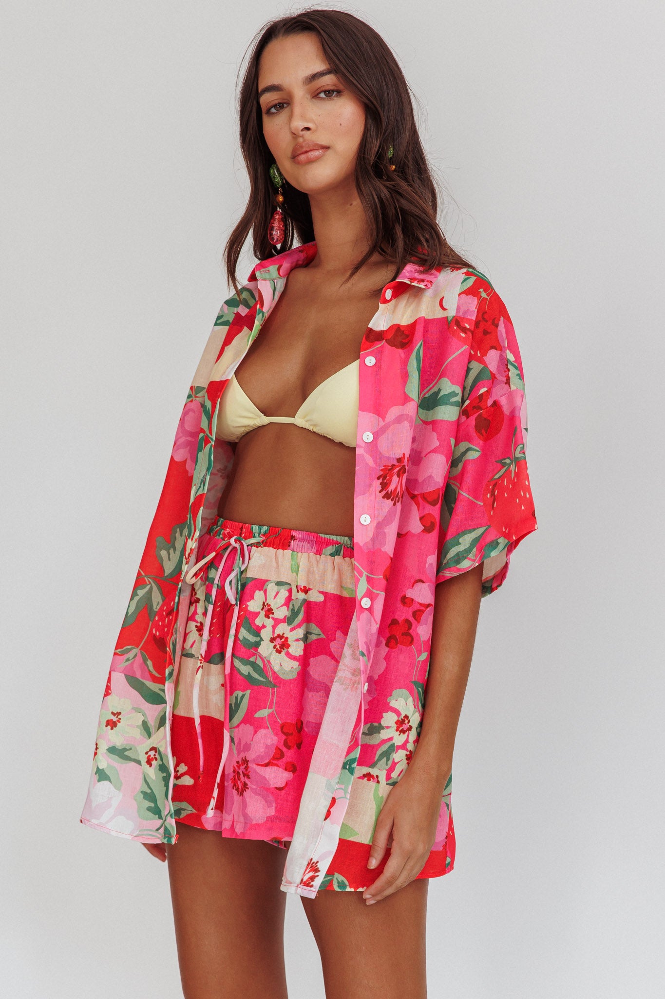 Ciao Ciao Floral Short Sleeve Buttoned Shirt Pink-Fable Dress