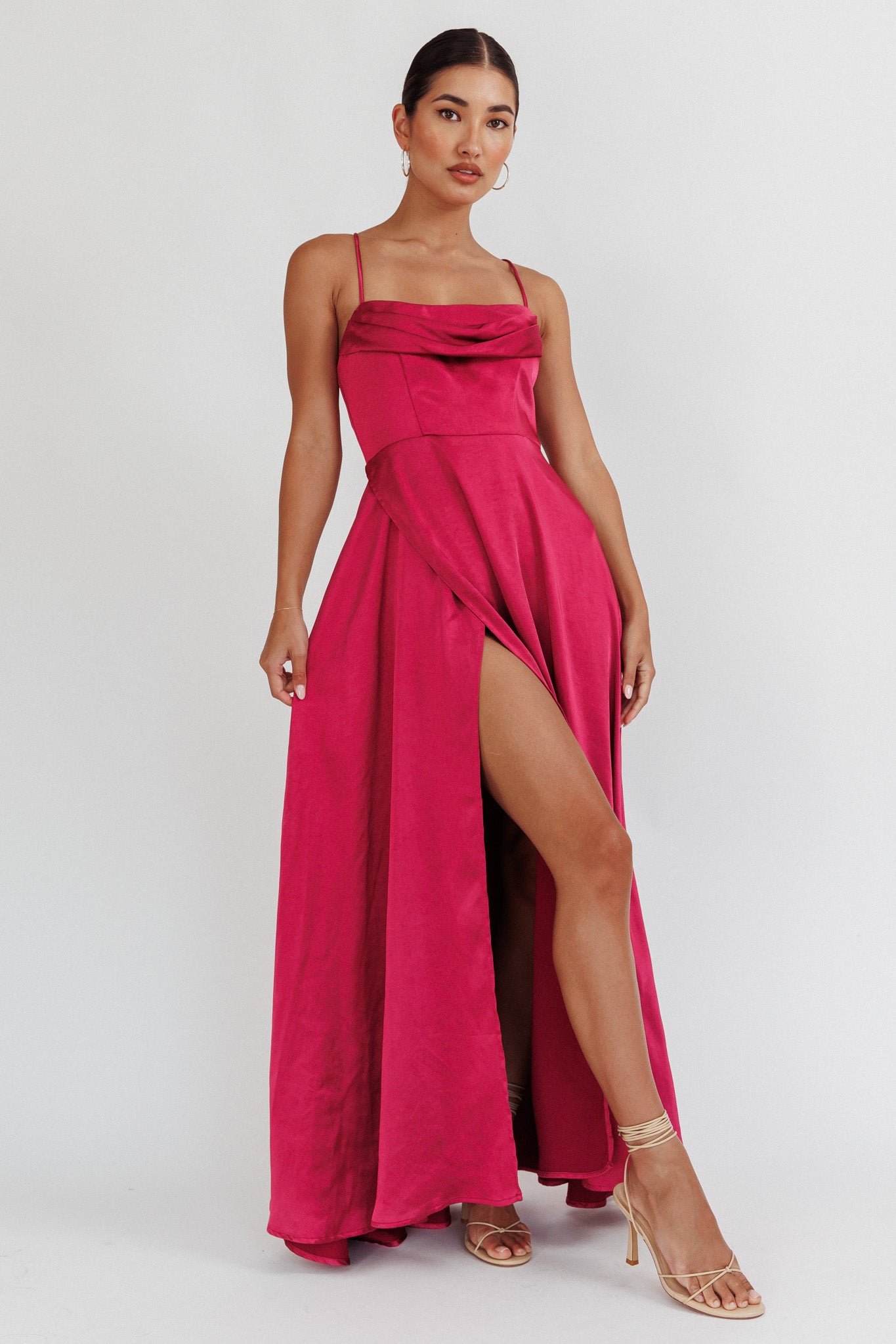 Inner Light Gathered Bust Split Maxi Dress Wine-Fable Dress