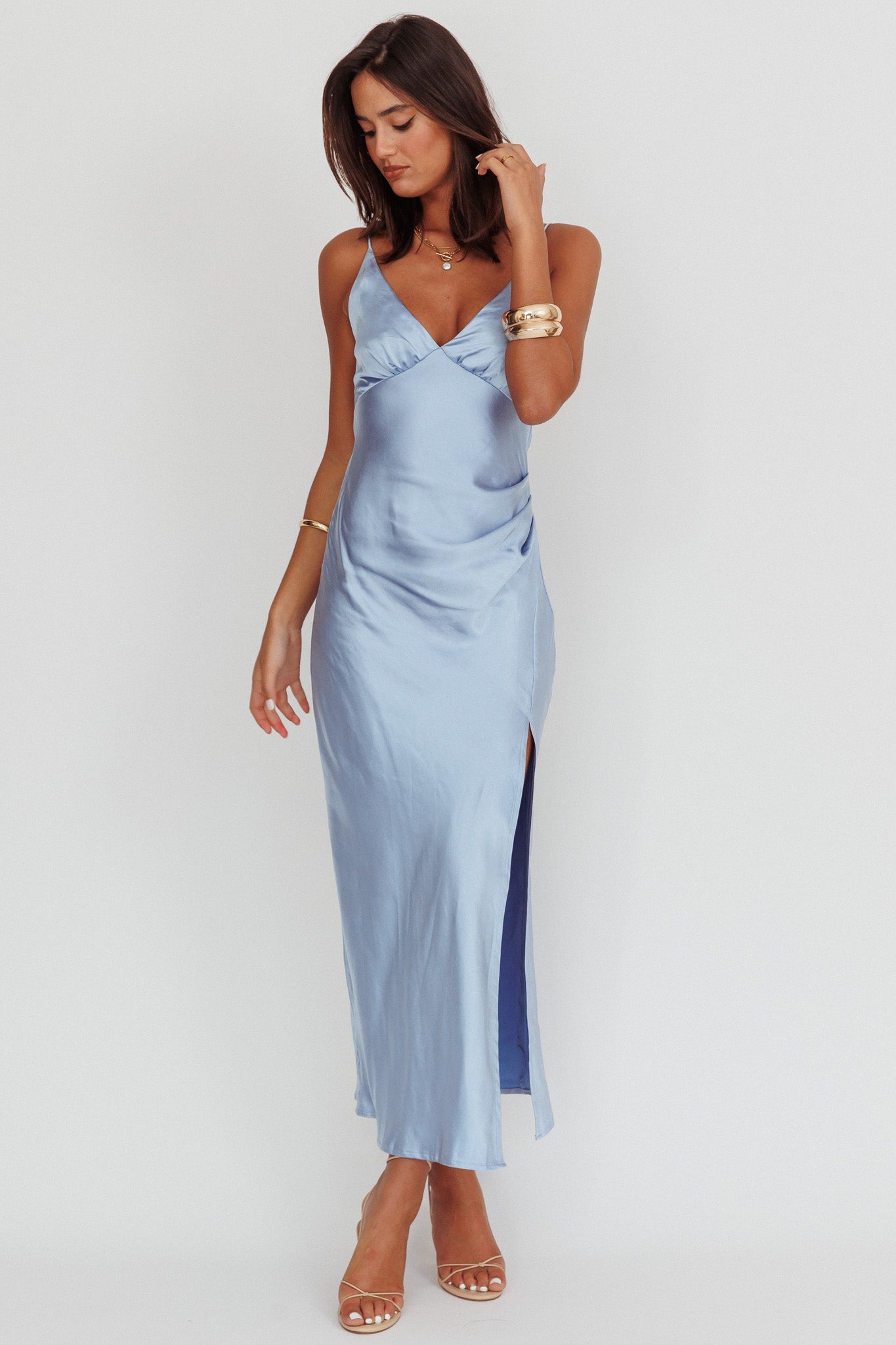 Marlie Side Pleat Maxi Dress Blue-Fable Dress