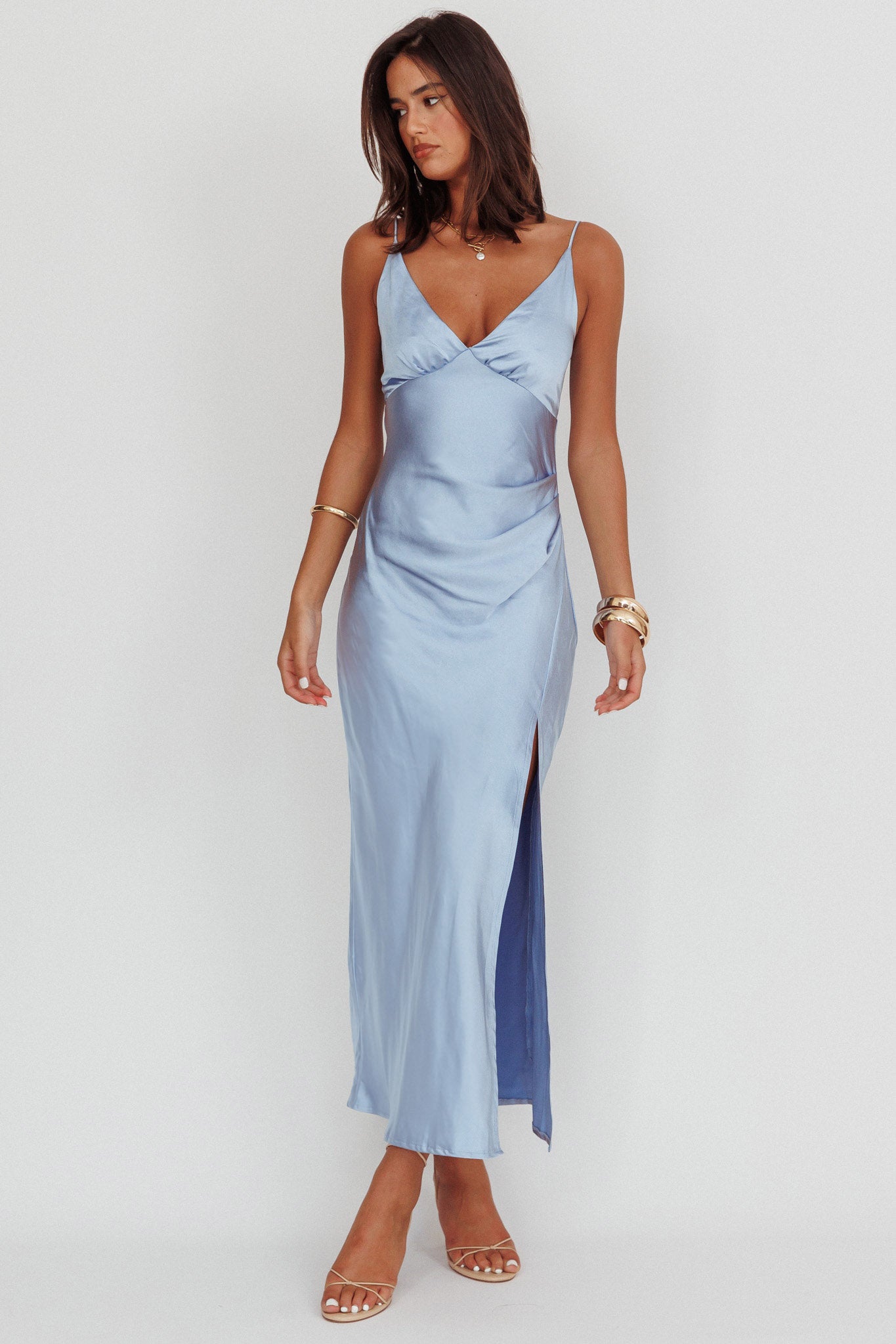 Marlie Side Pleat Maxi Dress Blue-Fable Dress