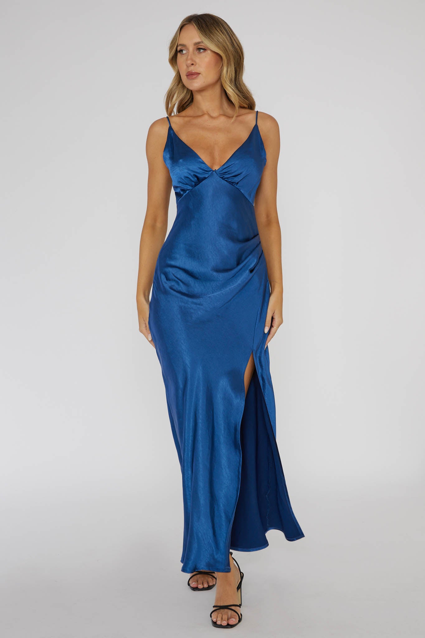 Marlie Side Pleat Maxi Dress Navy-Fable Dress