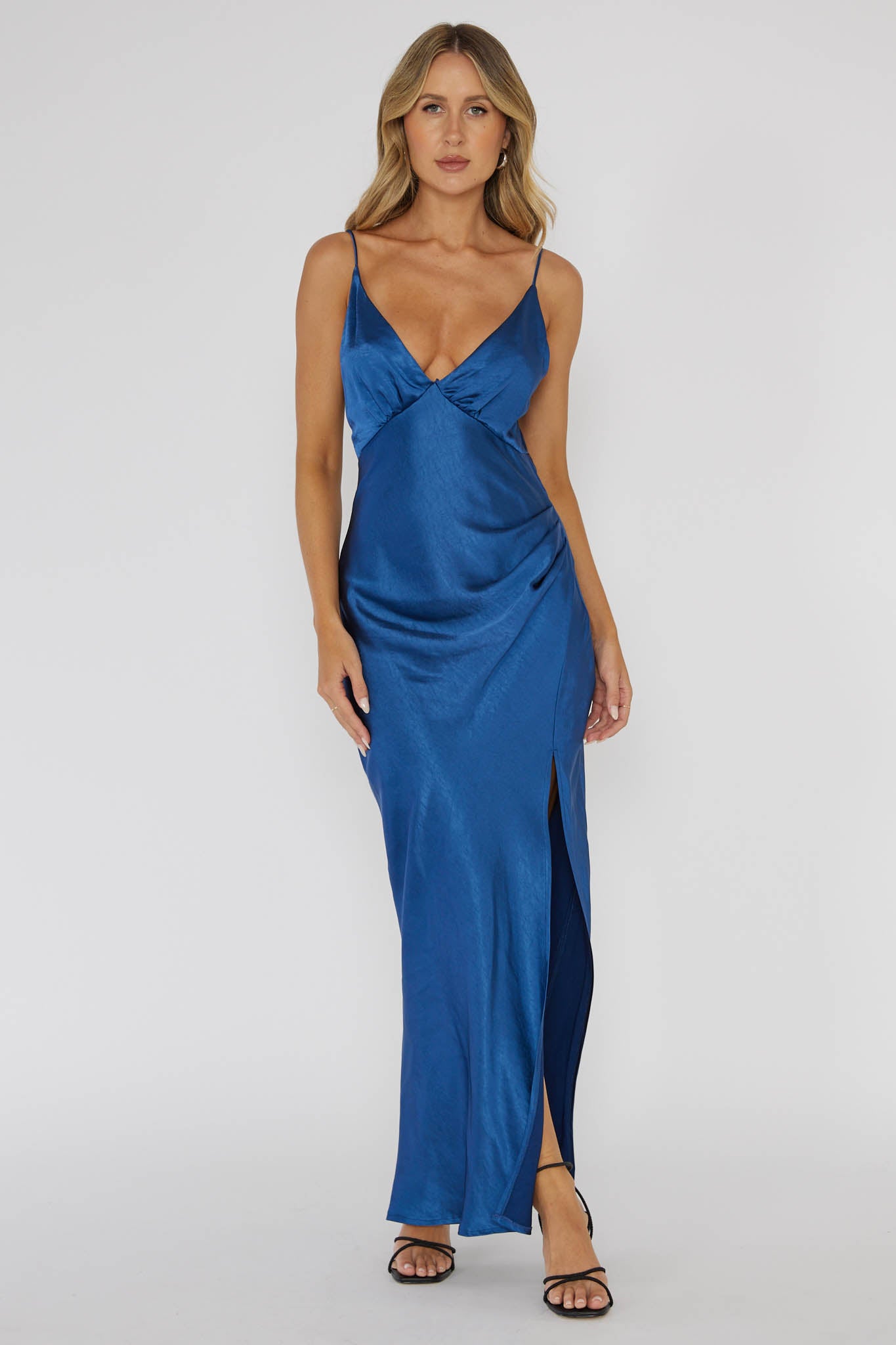 Marlie Side Pleat Maxi Dress Navy-Fable Dress