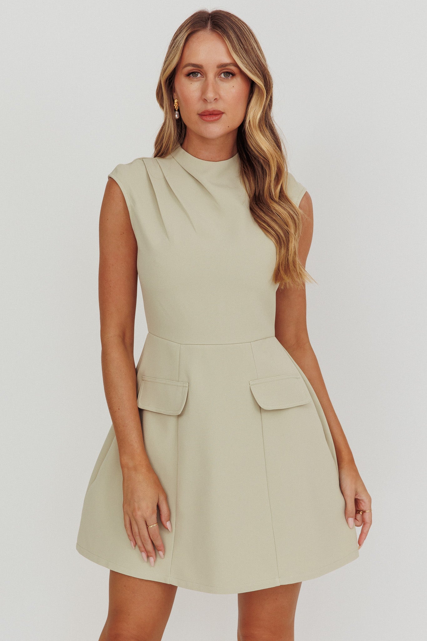 Thandi Pleat Shoulder Faux Pocket Mini Dress Sage-Fable Dress
