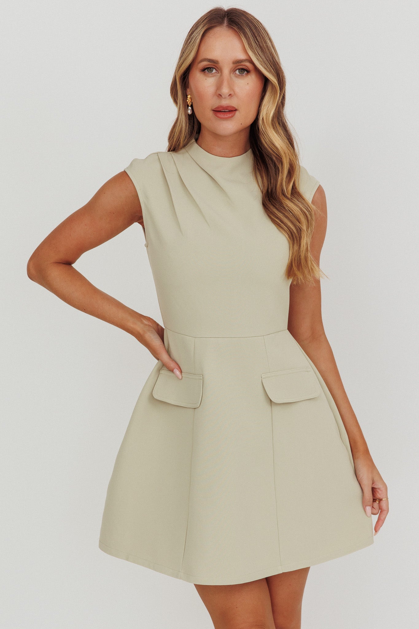 Thandi Pleat Shoulder Faux Pocket Mini Dress Sage-Fable Dress