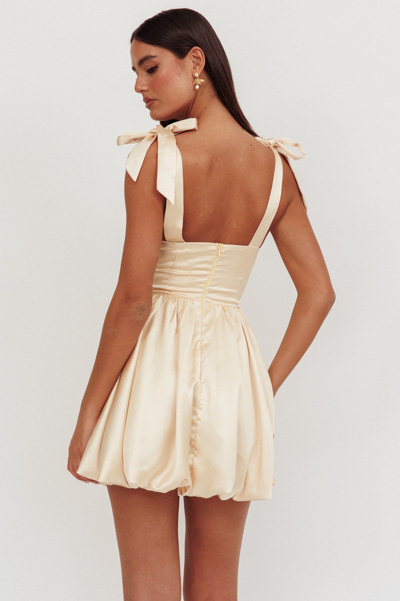 Just Magic Tied Shoulder Bubble Hem Mini Dress Butter-Fable Dress