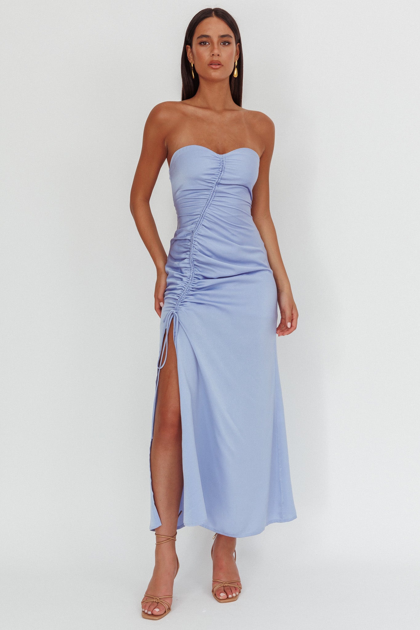 Molinda Strapless Ruched Drawstring Maxi Dress Blue-Fable Dress