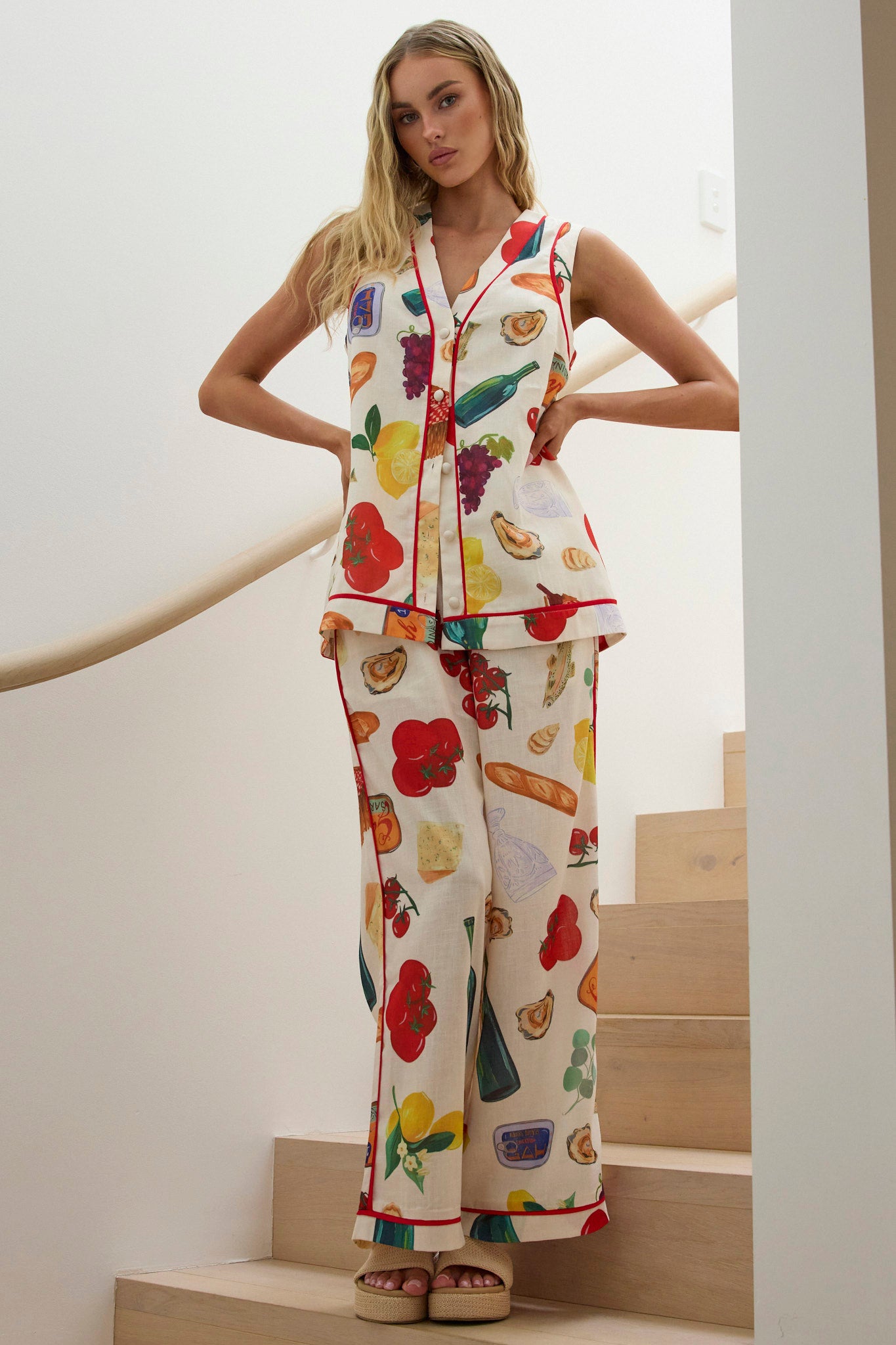 Canyons Piping Trim Wide Leg Pants Print Beige-Fable Dress