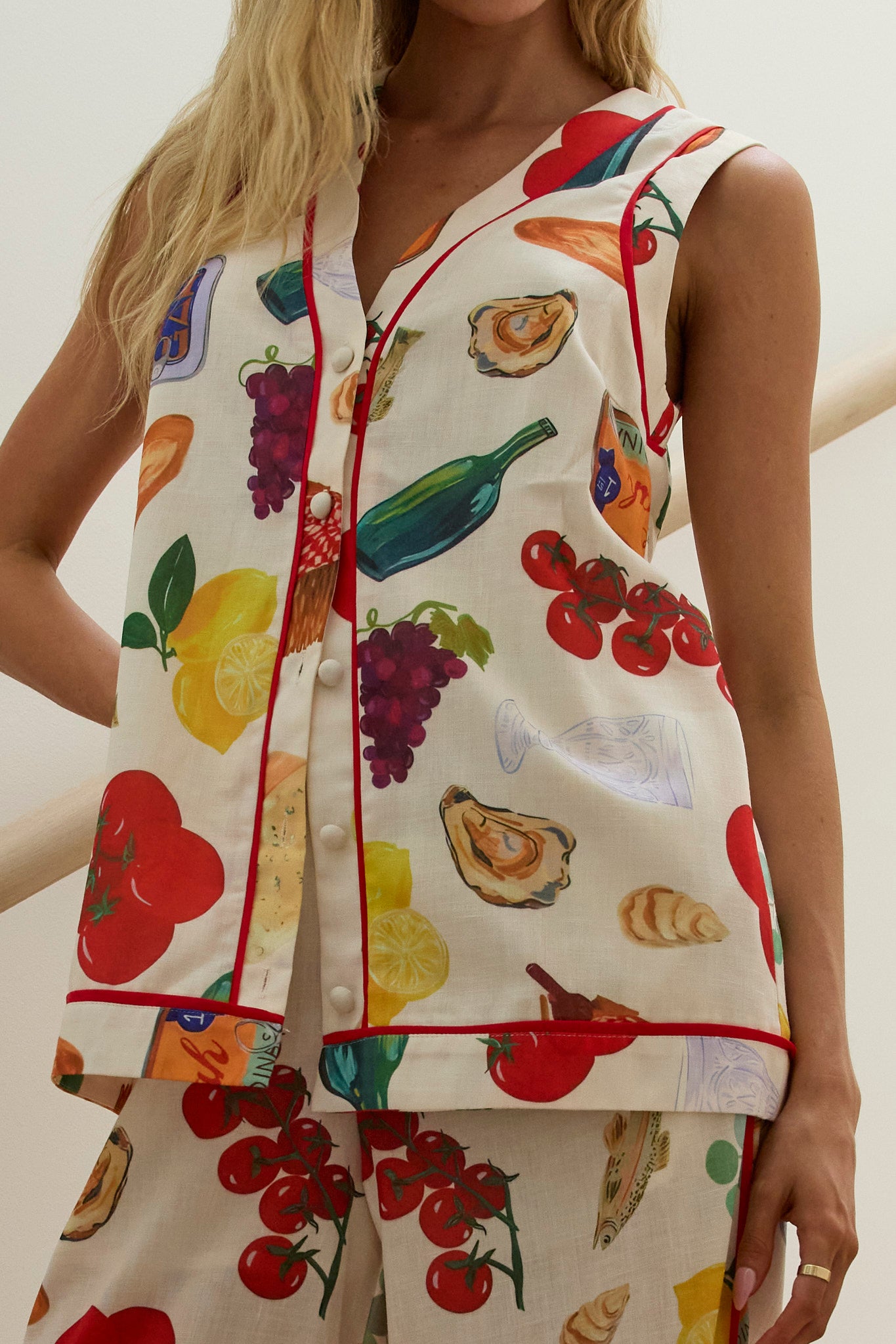 Canyons Sleeveless Button Top Print Beige-Fable Dress