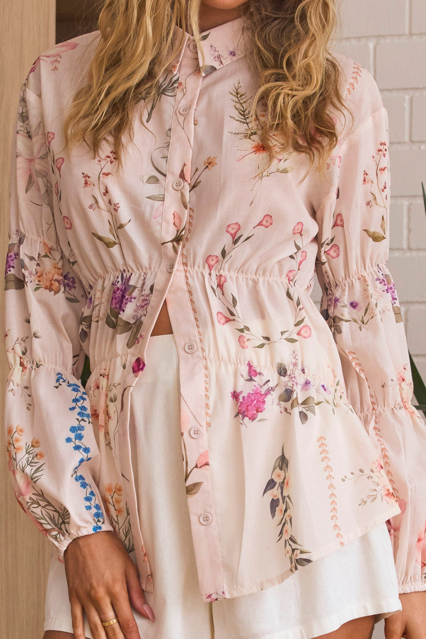 Mirrie Long Sleeve Button Down Top Floral Cream-Fable Dress