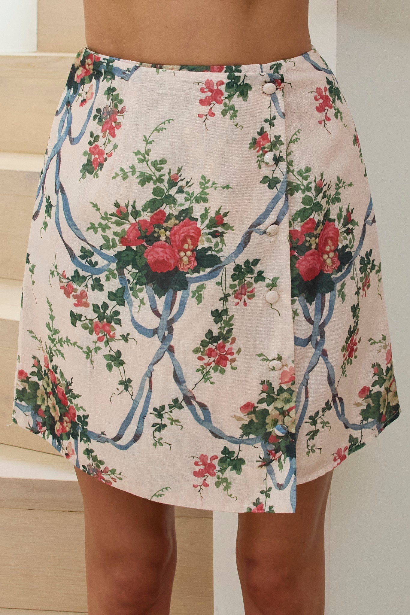 Bespoke Fixed Wrap Mini Skirt Floral Pink-Fable Dress