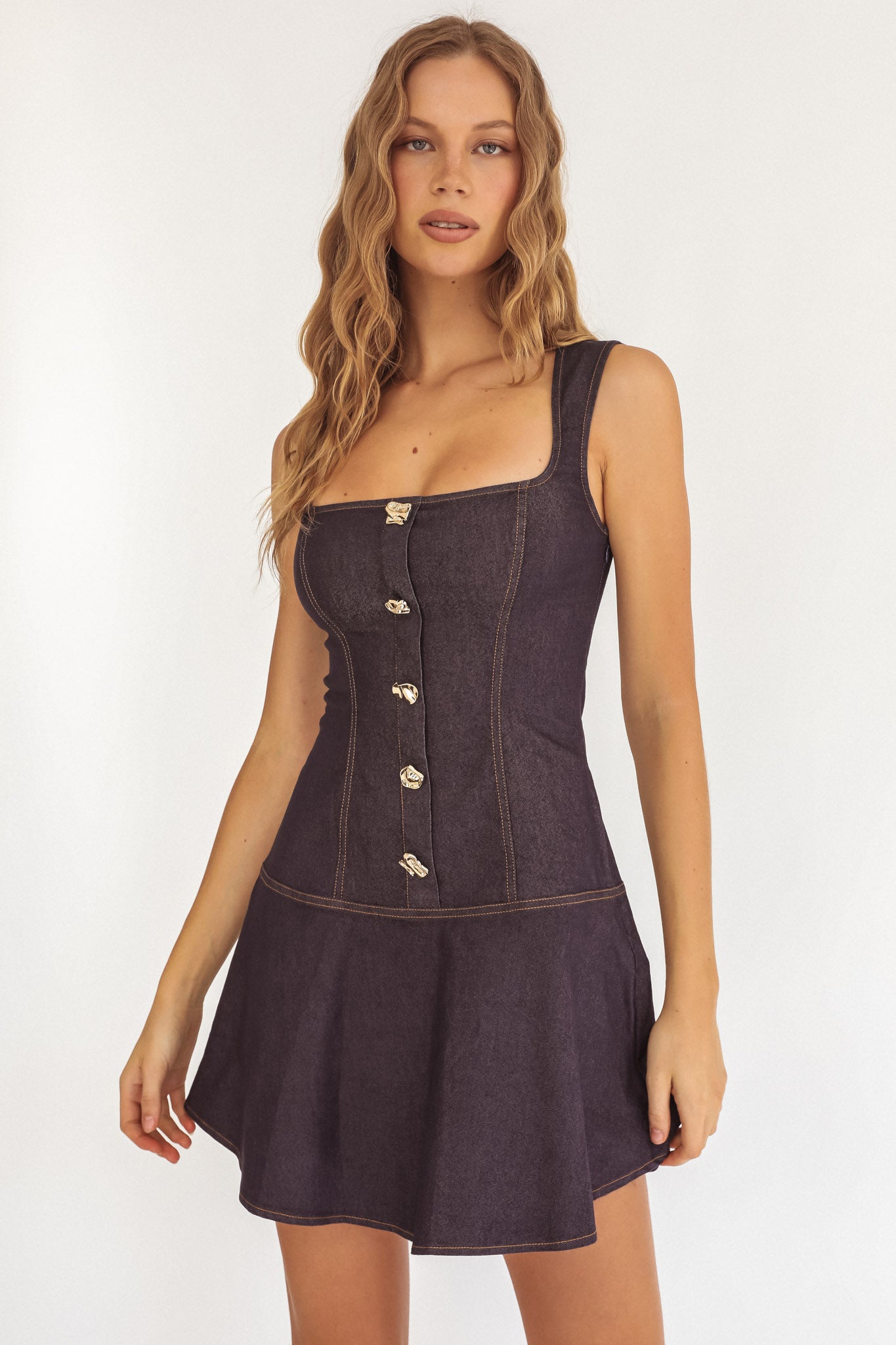 Big Plans Button Front Mini Dress Denim Indigo-Fable Dress