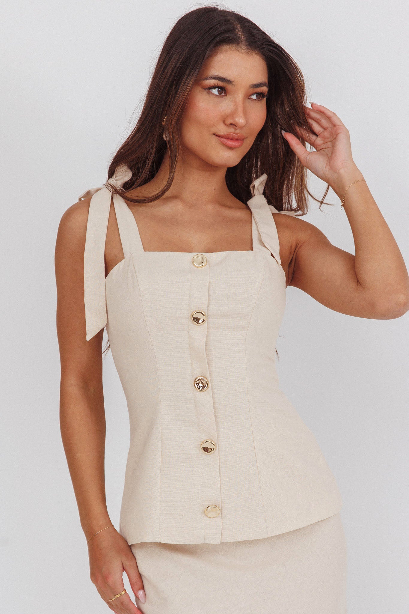 Post It Tied Shoulder Button Front Top Cream-Fable Dress