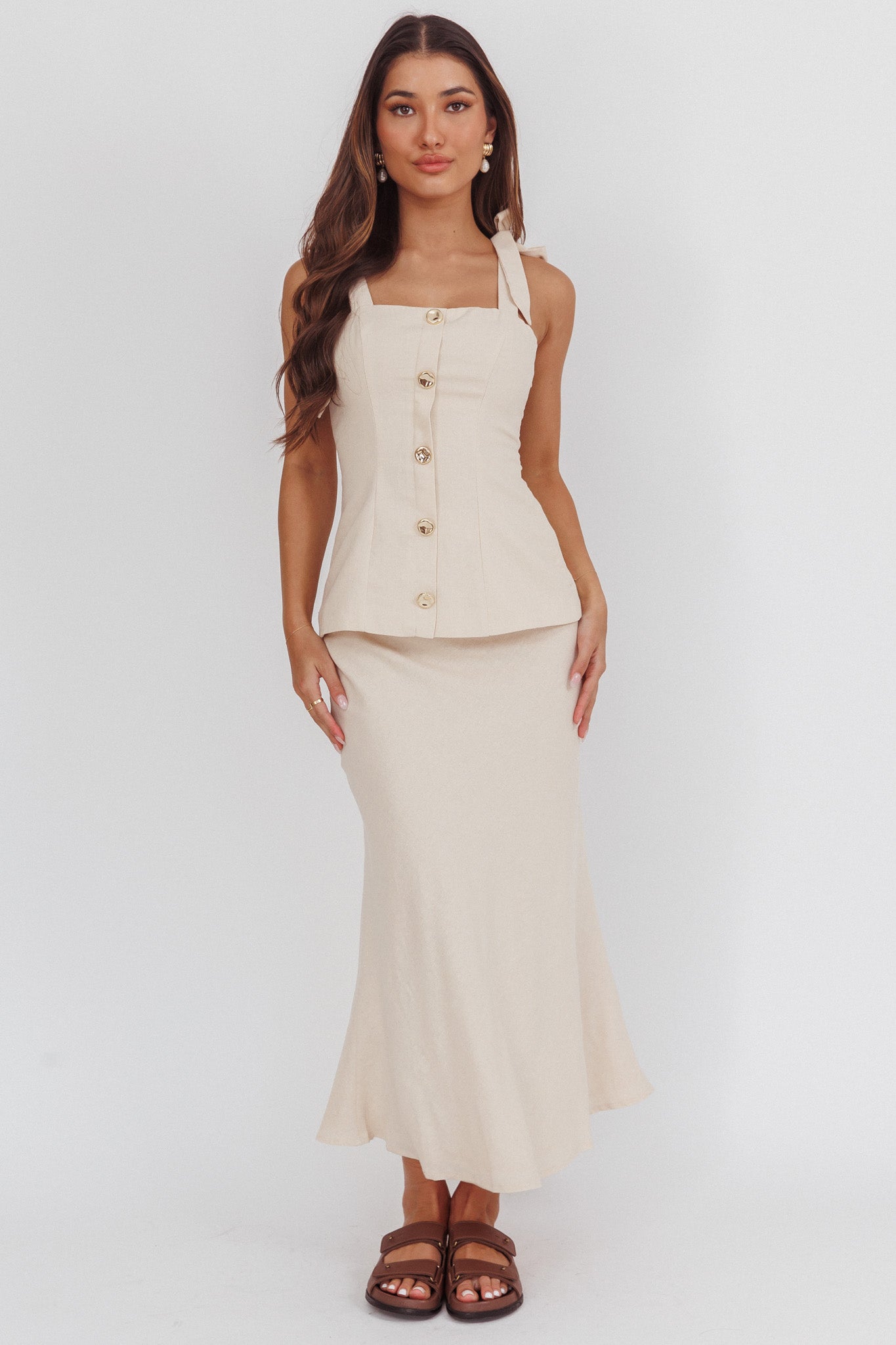 Post It Tied Shoulder Button Front Top Cream-Fable Dress