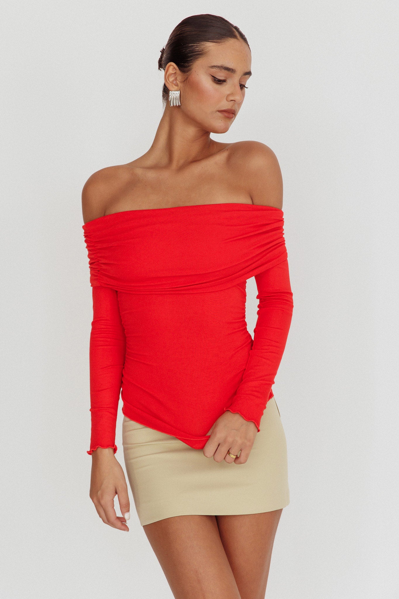 Ricki Off-Shoulder Long Sleeve Top Red-Fable Dress