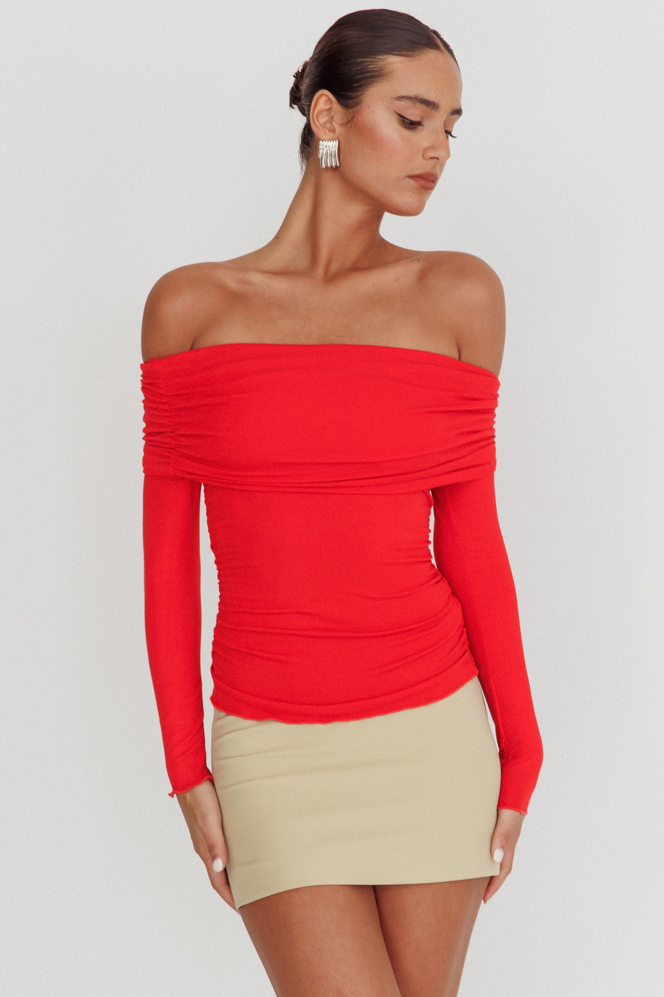 Ricki Off-Shoulder Long Sleeve Top Red-Fable Dress