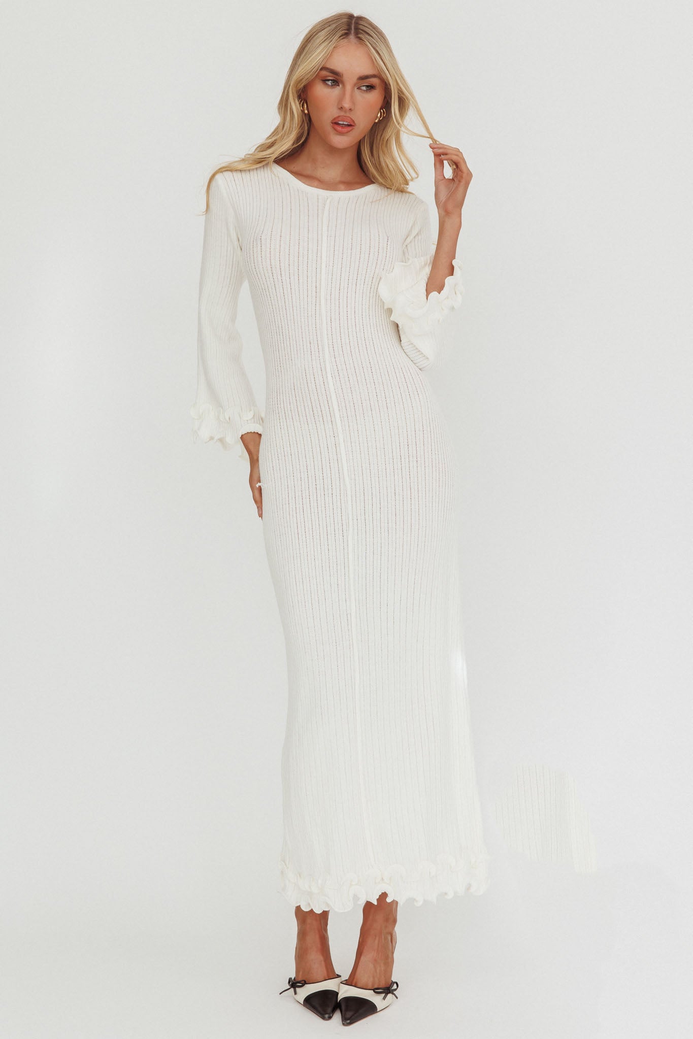Wrenna Bell Sleeve Knit Maxi Dress White-Fable Dress