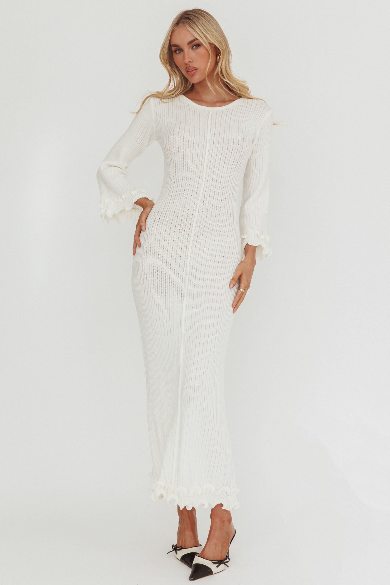 Wrenna Bell Sleeve Knit Maxi Dress White-Fable Dress