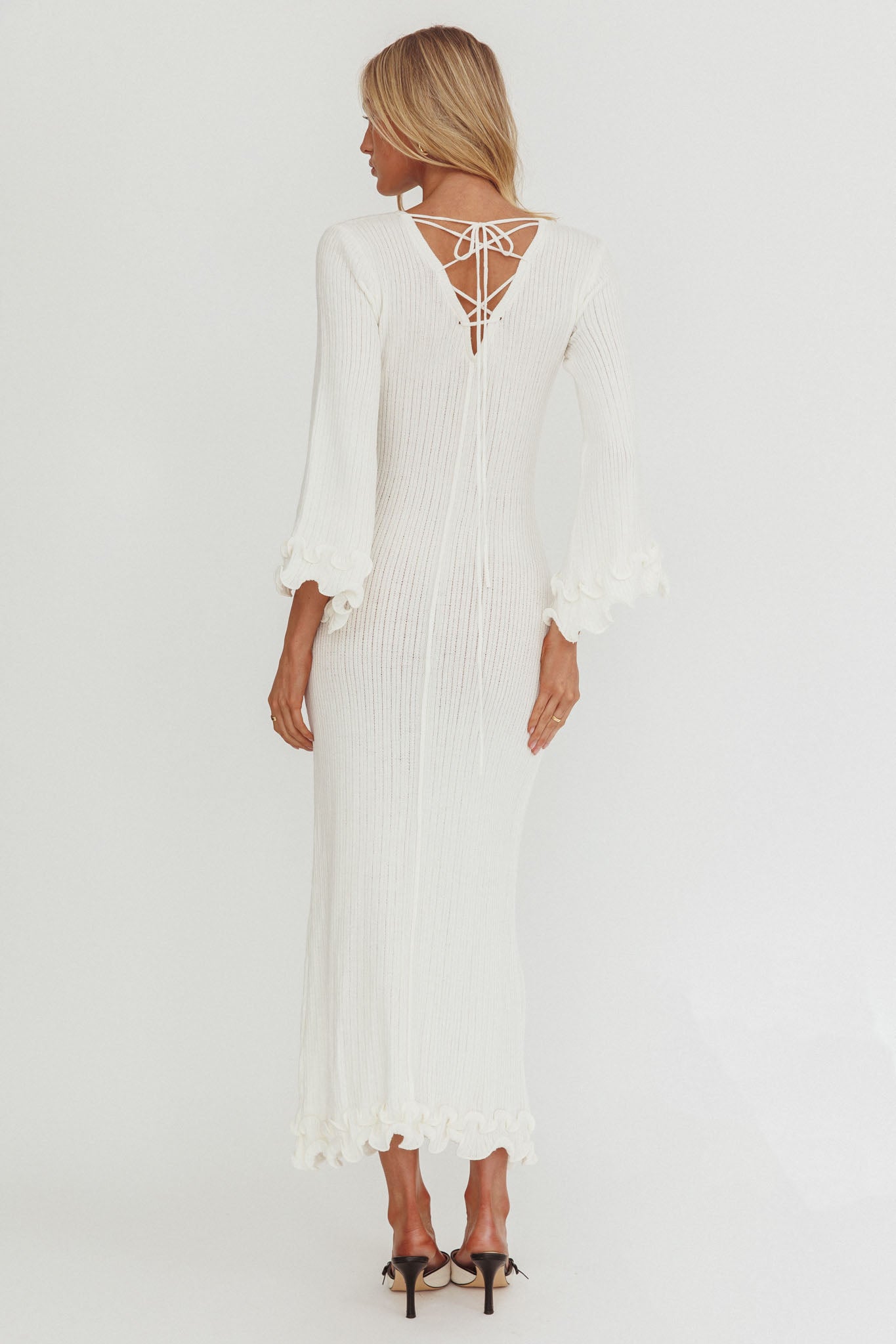 Wrenna Bell Sleeve Knit Maxi Dress White-Fable Dress
