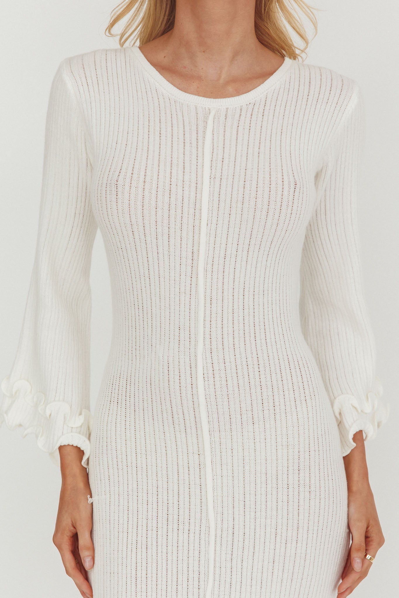 Wrenna Bell Sleeve Knit Maxi Dress White-Fable Dress