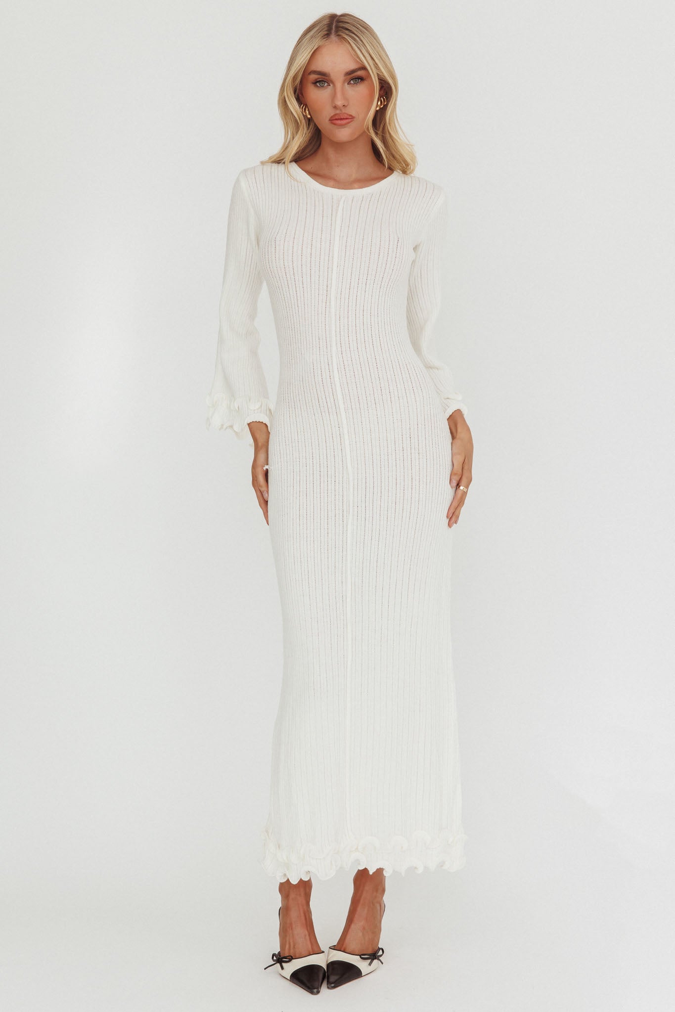 Wrenna Bell Sleeve Knit Maxi Dress White-Fable Dress