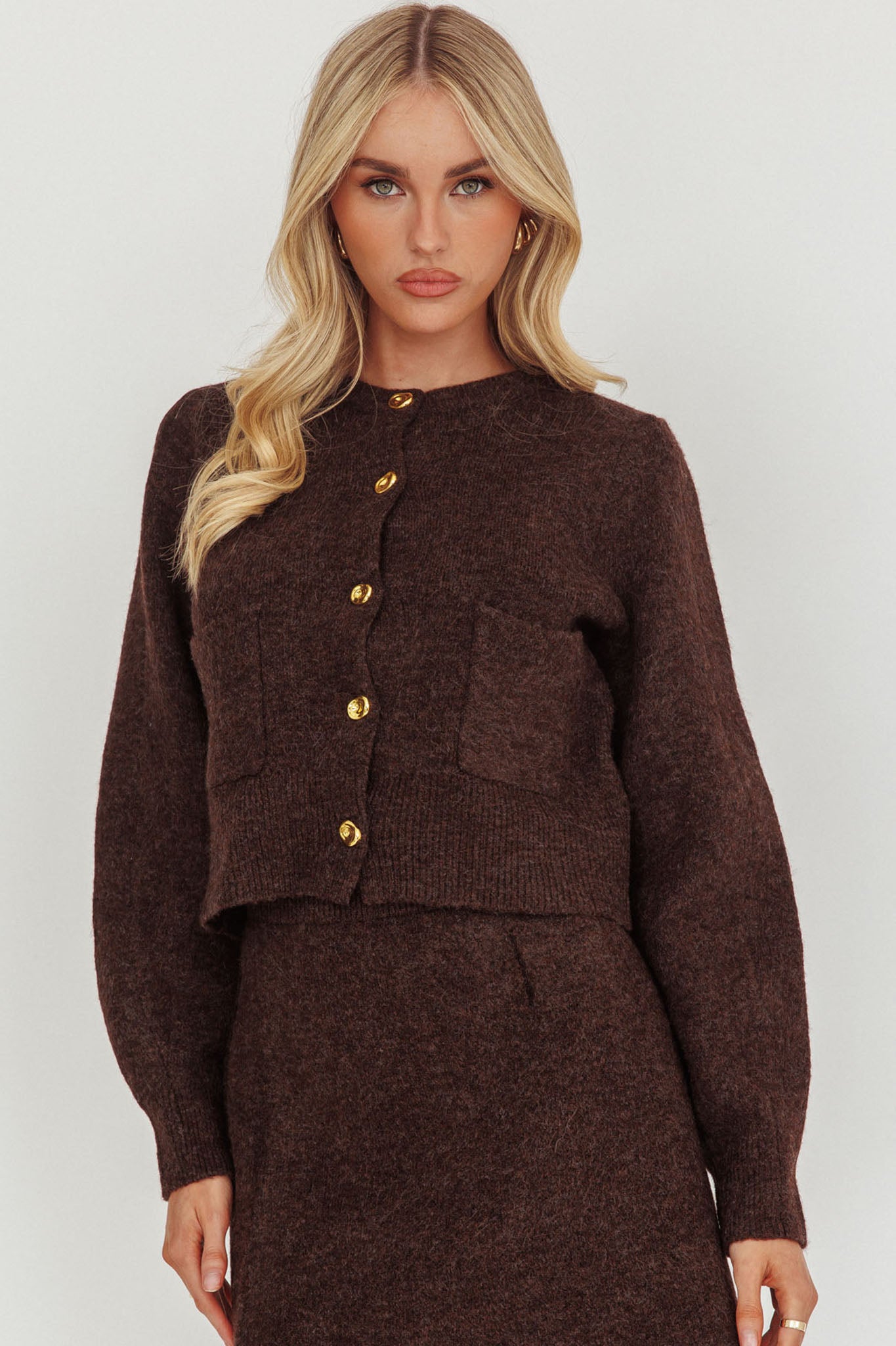 Daelyn Gold Button Pocket Cardigan Coffee-Fable Dress