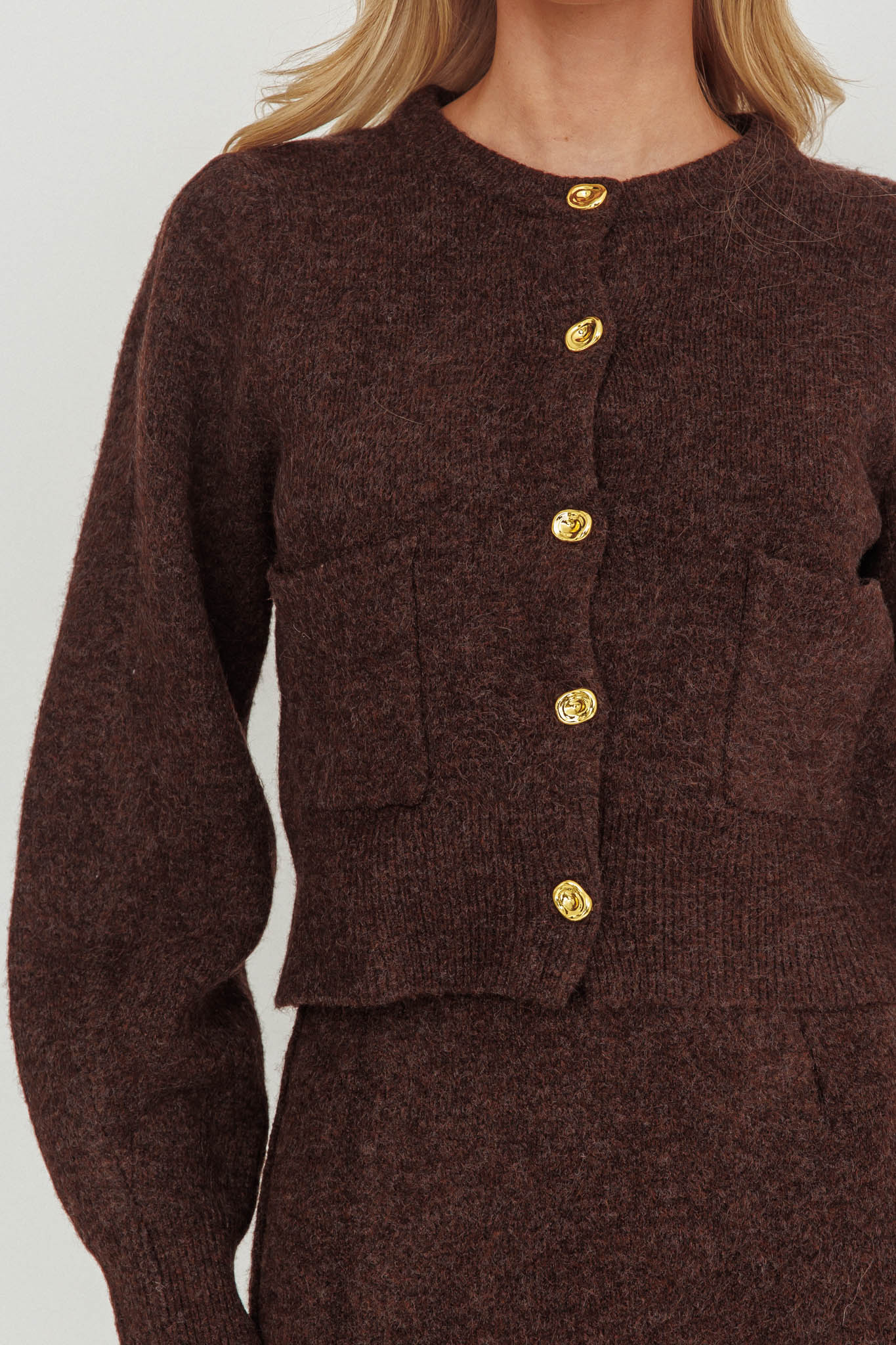 Daelyn Gold Button Pocket Cardigan Coffee-Fable Dress